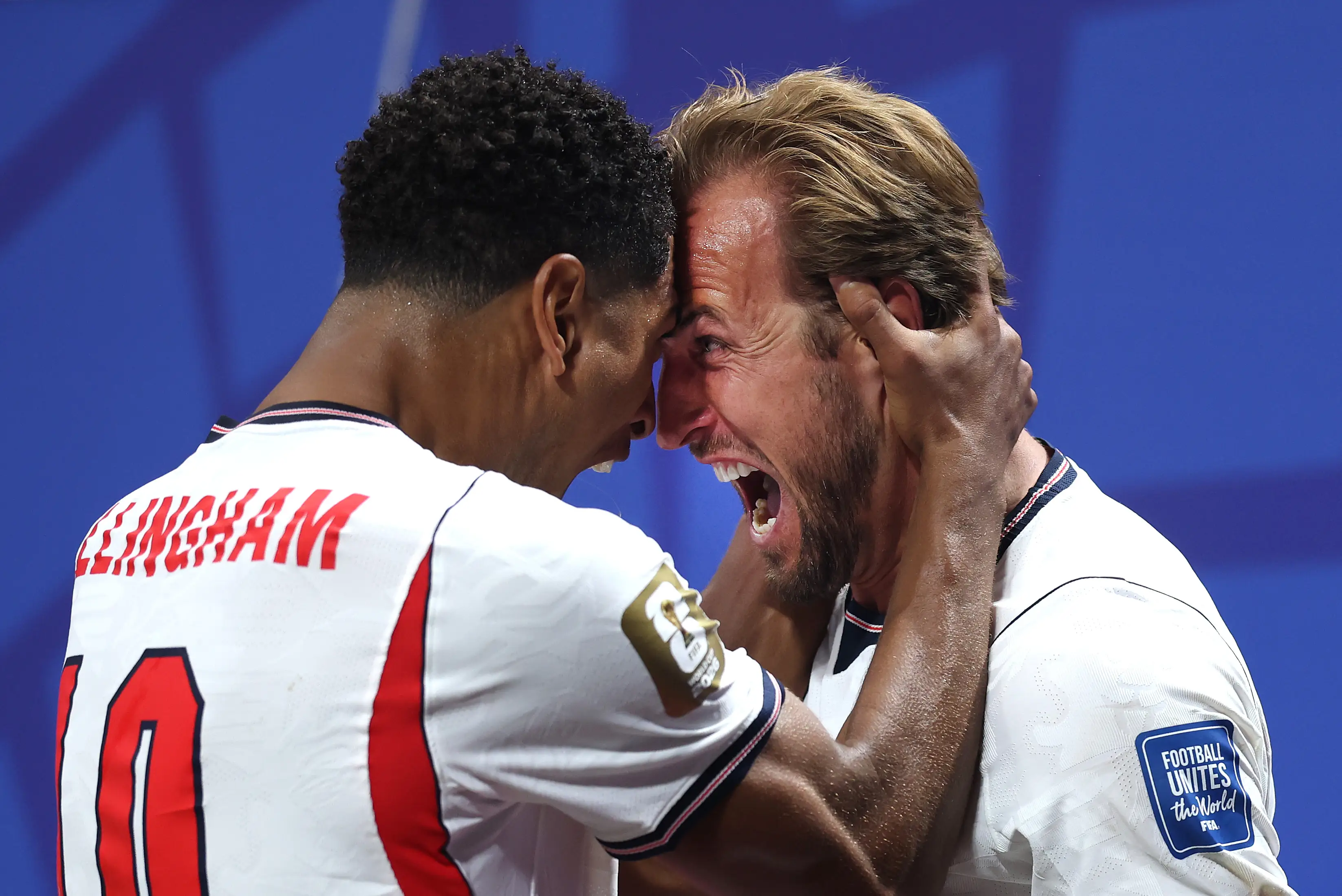Harry Kane #9 of England celebrates with teammate Jude Bellingham #10 after scoring his team's first goal during the FIFA World Cup 2026 Round Of 32 match between England and Congo DR at Atlanta Stadium on July 01, 2026 in Atlanta, Georgia