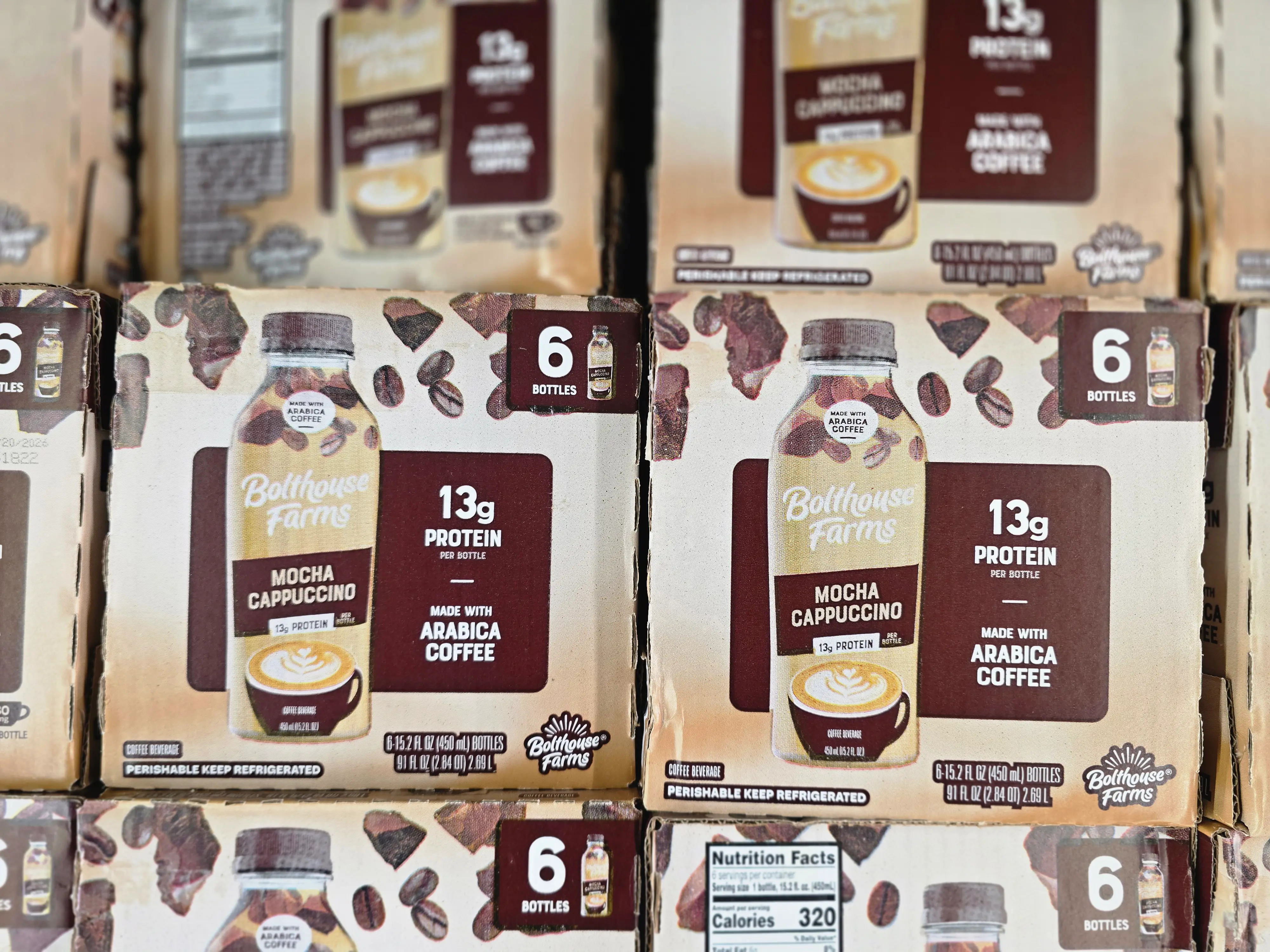 Boxes of Bolthouse Farms mocha cappuccinos on display at Costco.