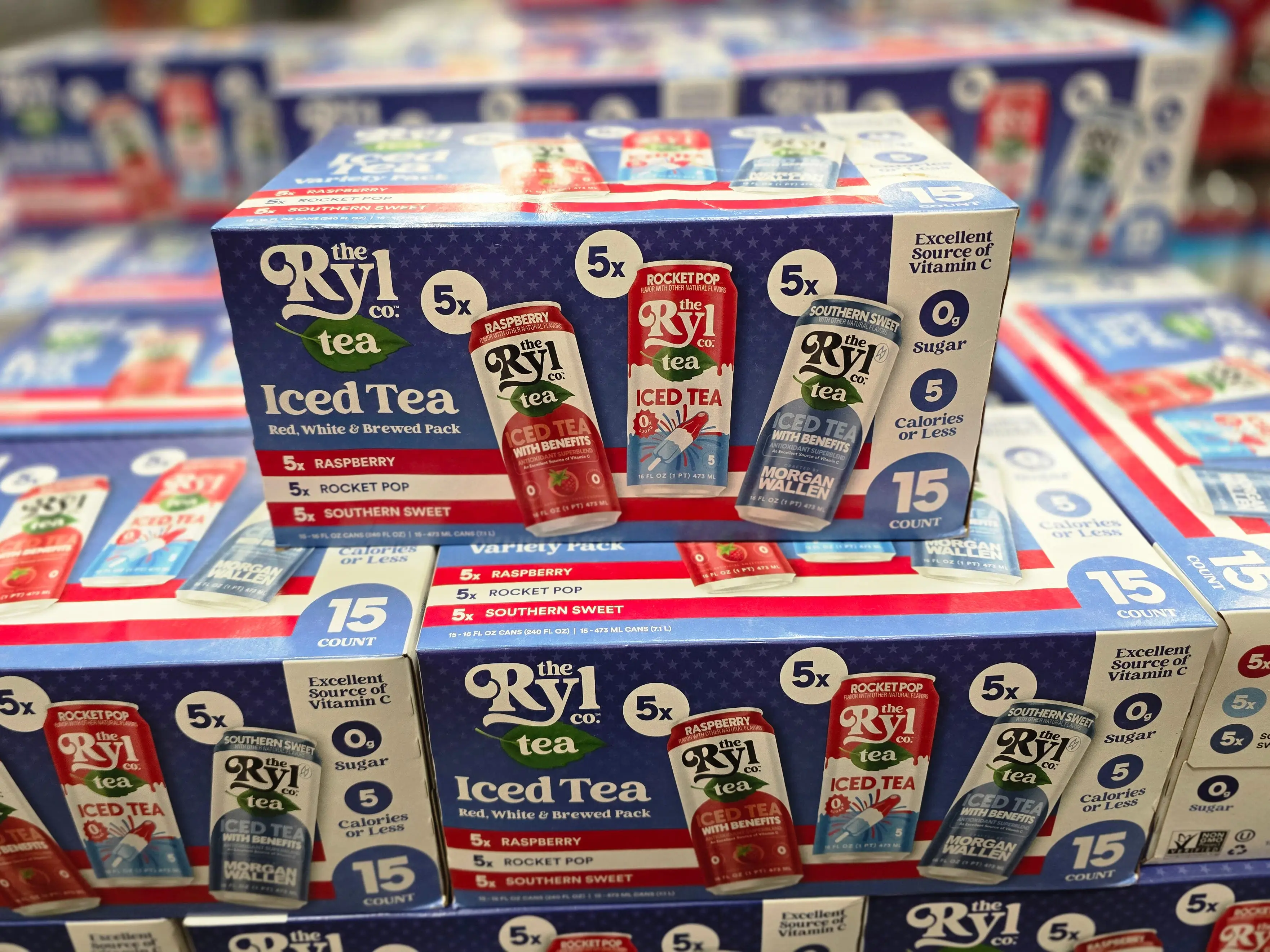Boxes of The Ryl Co. iced teas on display at Costco.