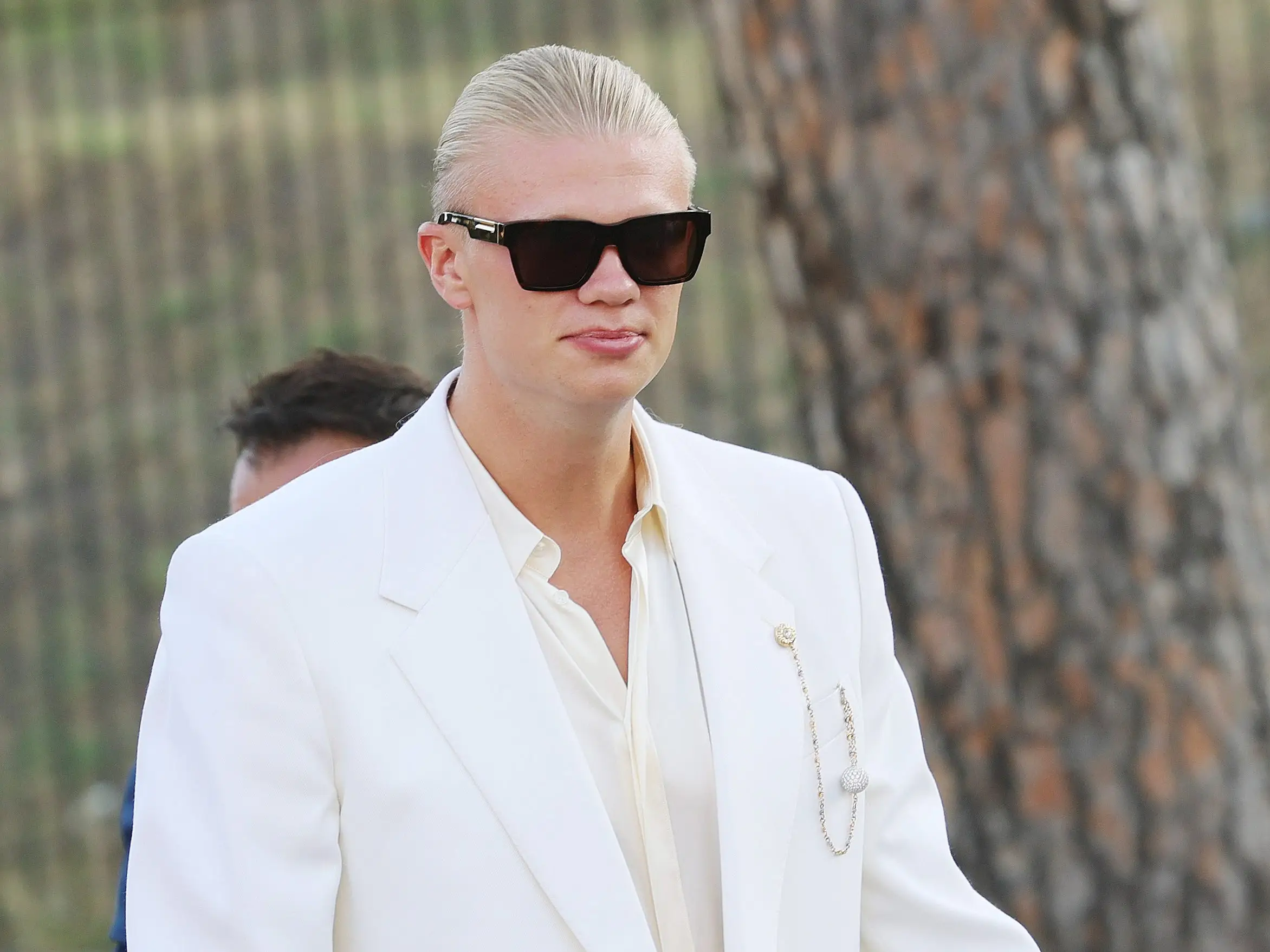 Erling Haaland is seen outside the Dolce & Gabbana Alta Moda fashion show in Rome, Italy.