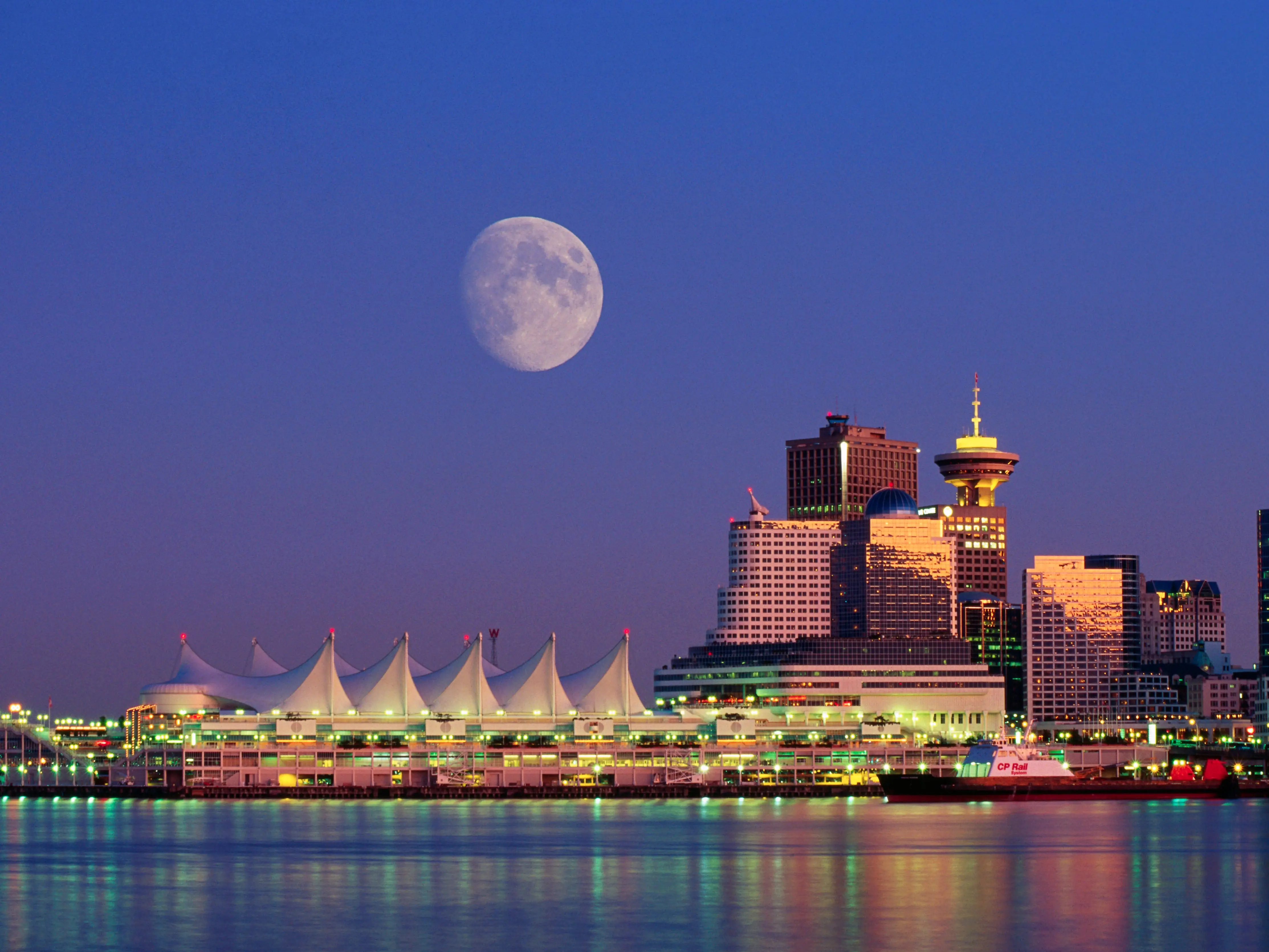 Moon over Coal Harbor in Vancouver, Canada