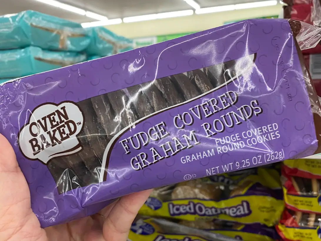 A box of fudge-covered graham rounds from Dollar Tree.