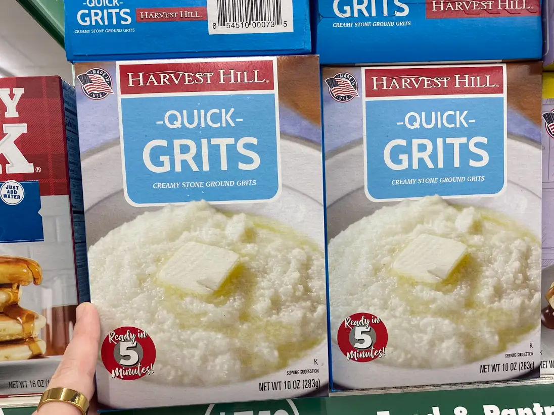 Harvest Hill quick grits in a box at Dollar Tree.
