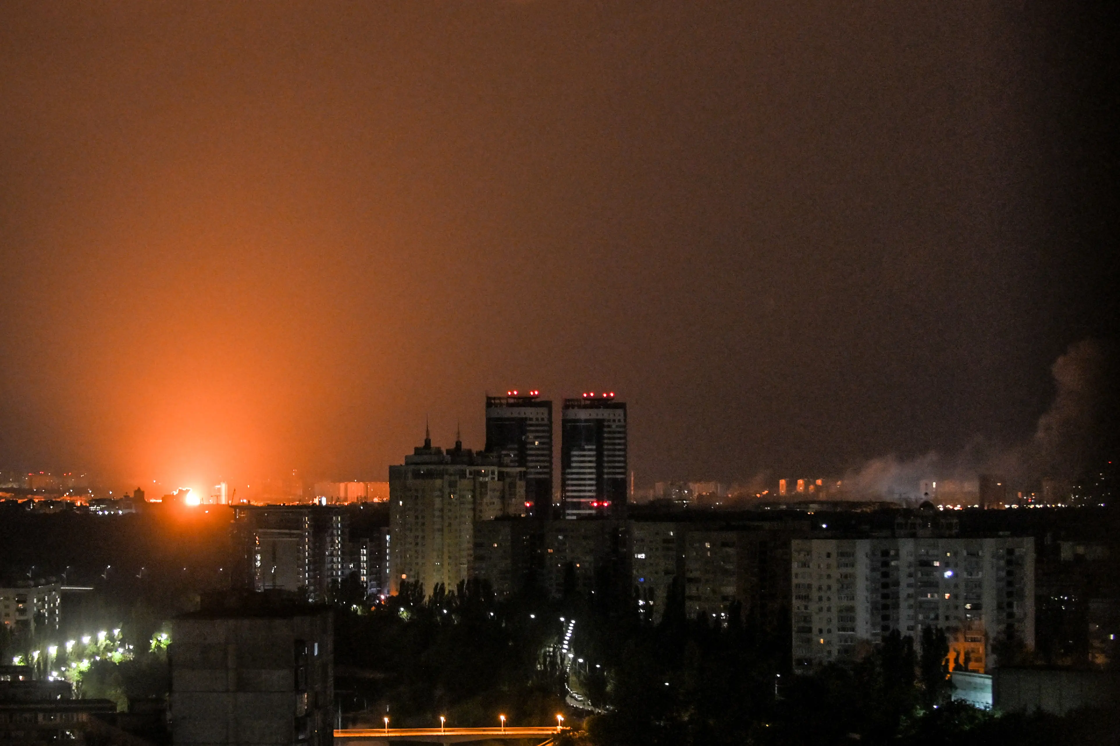 This photograph shows an explosion during a Russian missile strike on the Ukrainian capital of Kyiv on July 6, 2026, amid the Russian invasion of Ukraine.