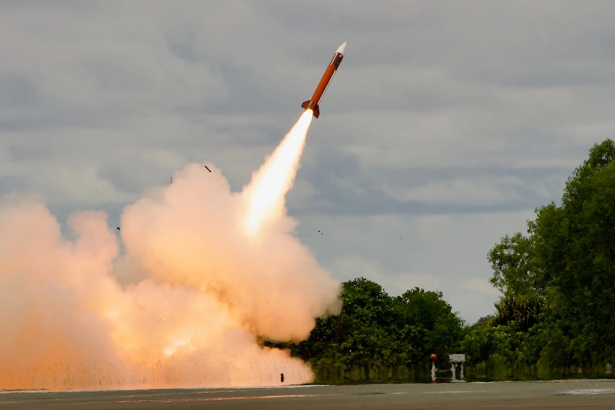 A Patriot Advanced Capability-2 interceptor missile is fired from an M903 Patriot Launching Station.