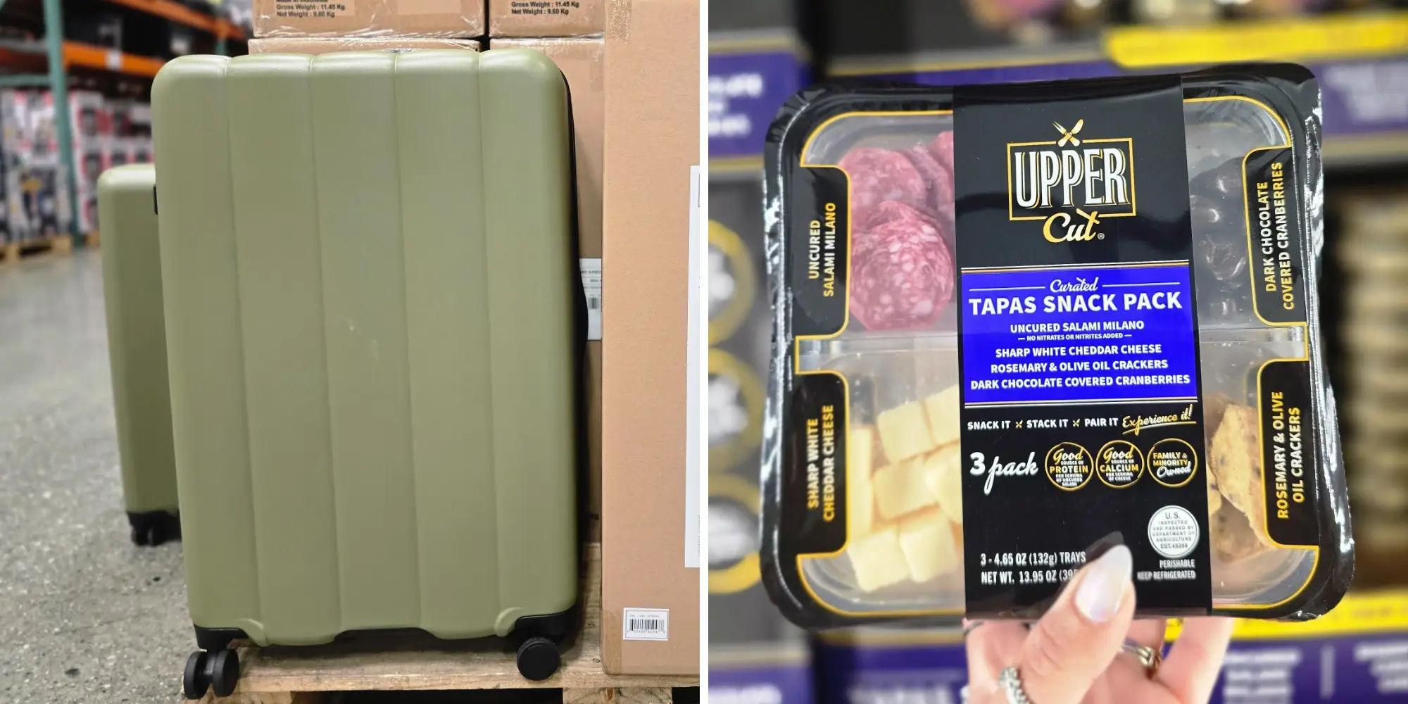 A composite image of a green roller-bag suitcase and a hand holding an Upper Cut snack pack.