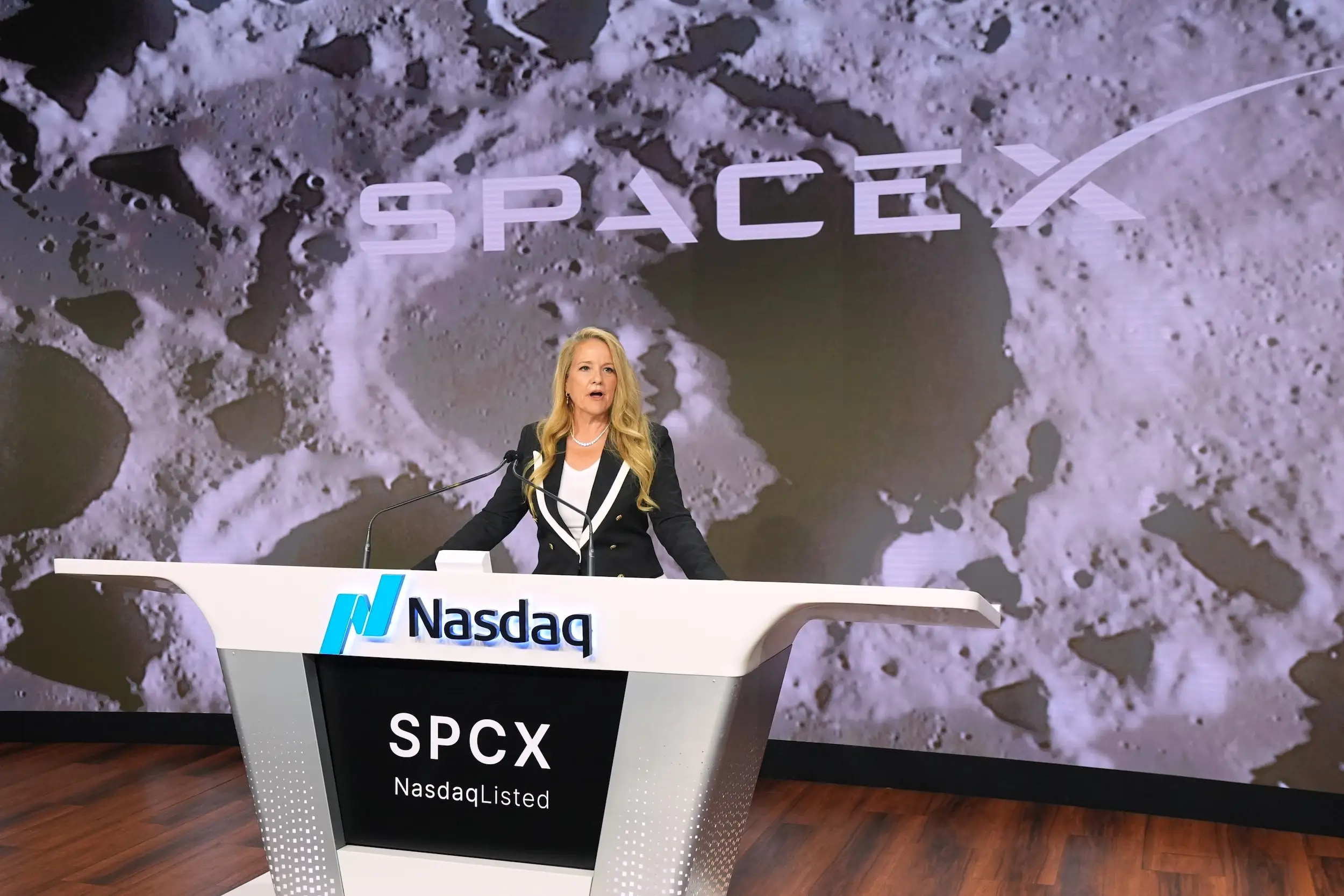 Gwynne Shotwell is seen during a ceremonial bell closing at the Nasdaq.