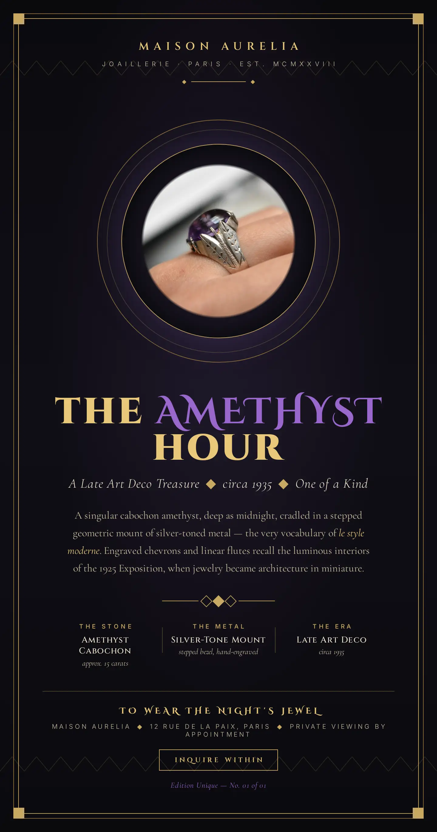 Art Deco-style Maison Aurelia poster advertising “THE AMETHYST HOUR” with a close-up amethyst ring image.
