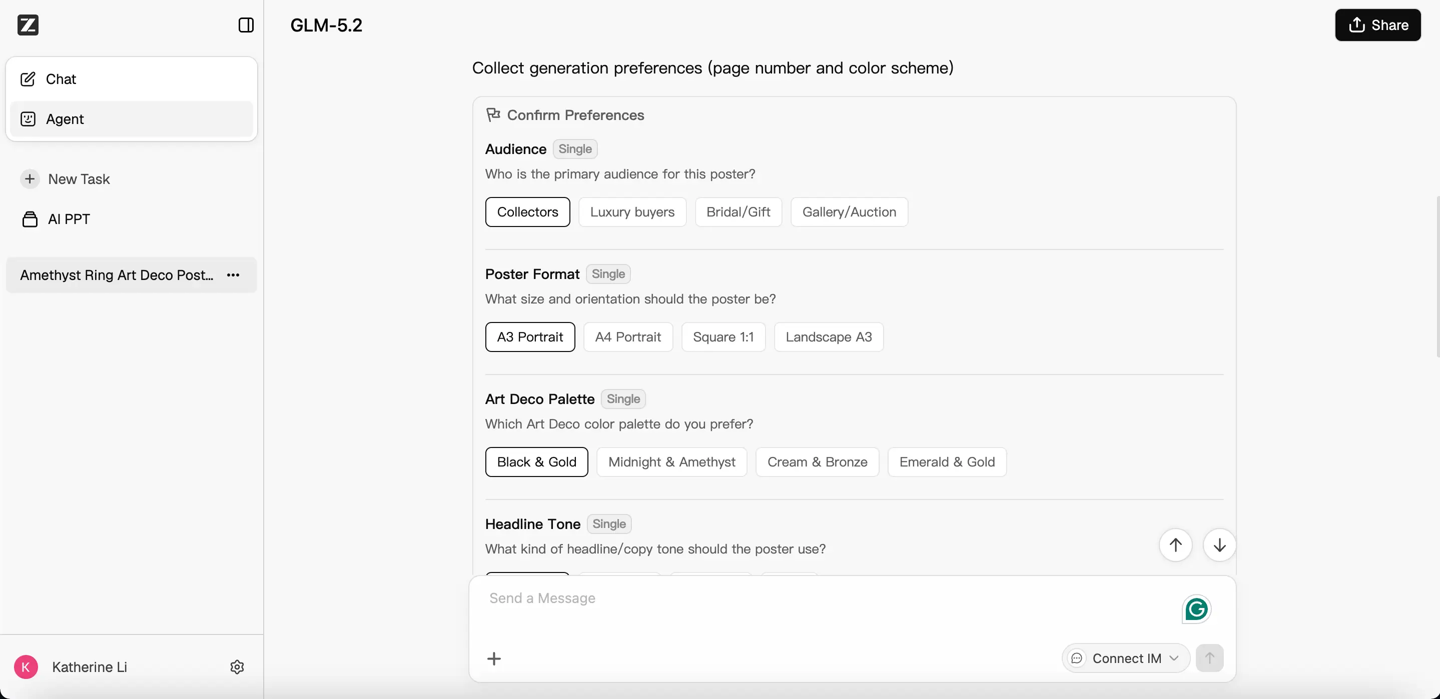 Web app screenshot showing GLM-5.2 preference form for an Art Deco poster with audience, format, and palette options.