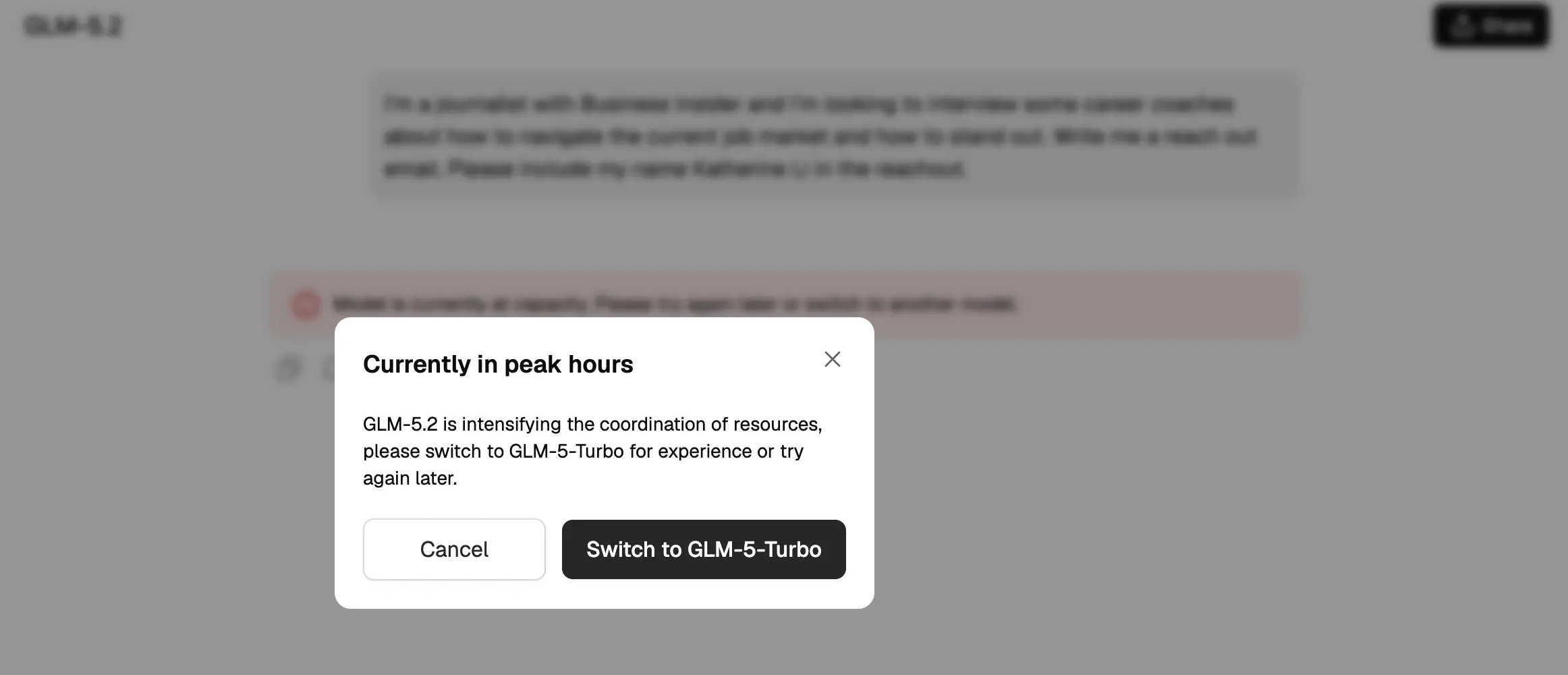 A blurred chat interface shows a peak-hours modal prompting users to switch to GLM-5-Turbo.