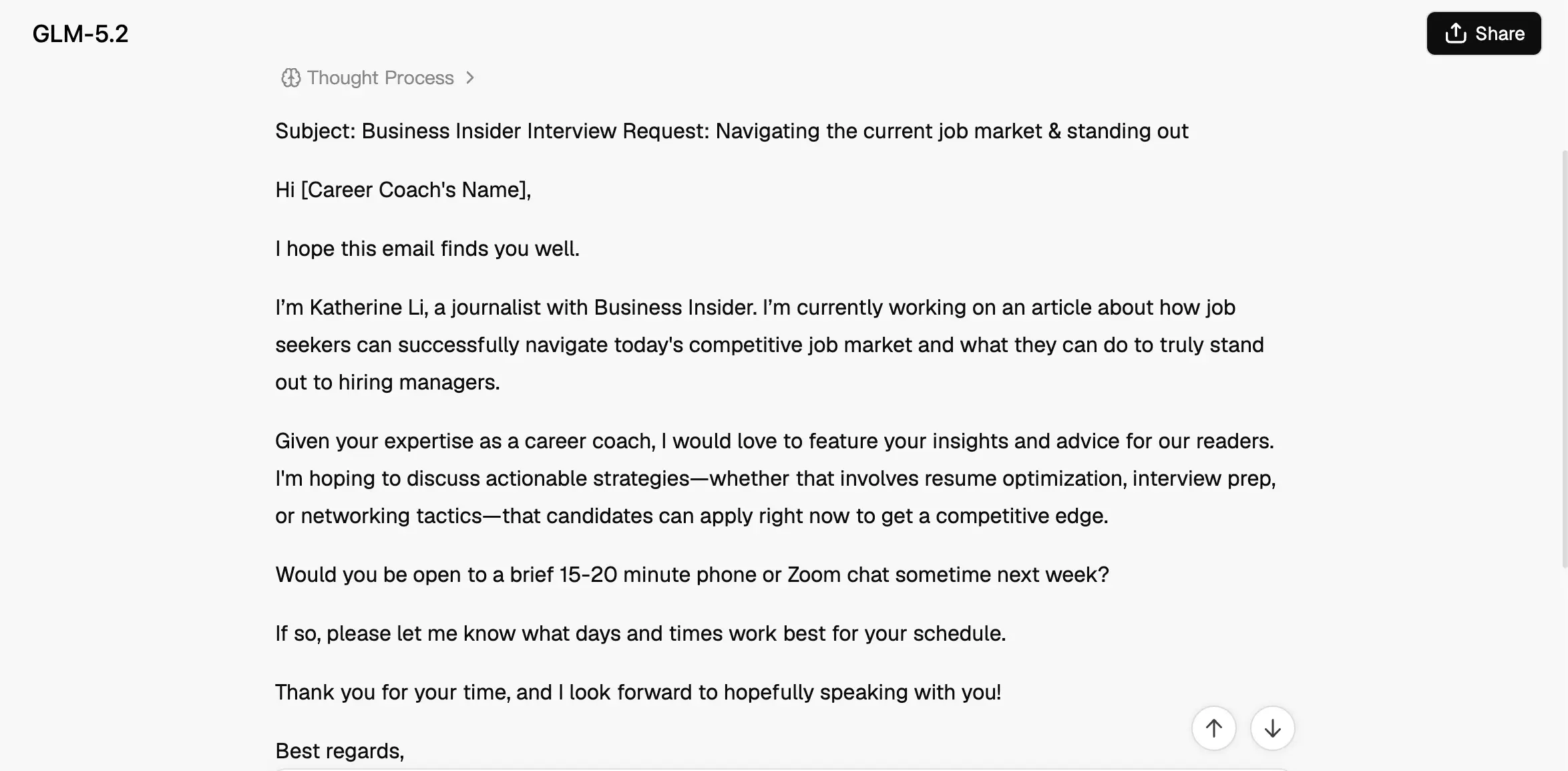Screenshot of GLM-5.2 interface displaying a drafted Business Insider interview request email about job market advice.