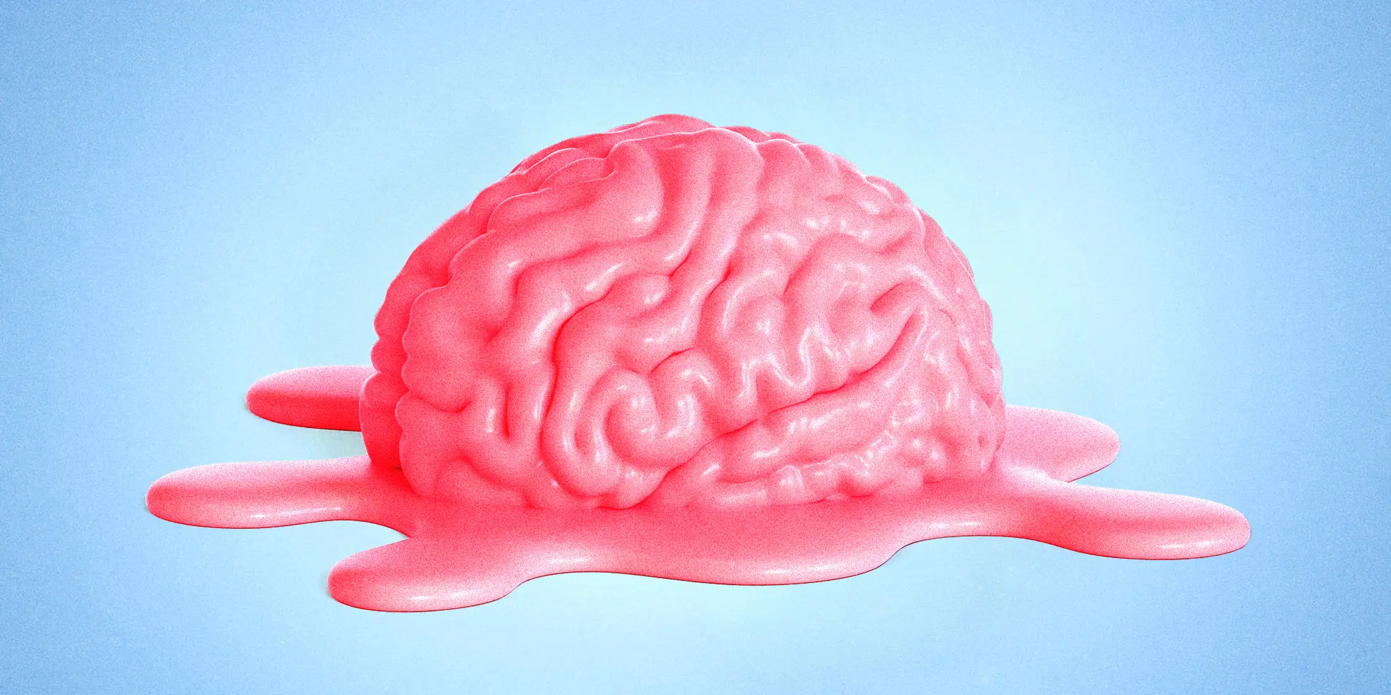 Pink brain melts into a glossy puddle against a light blue background.