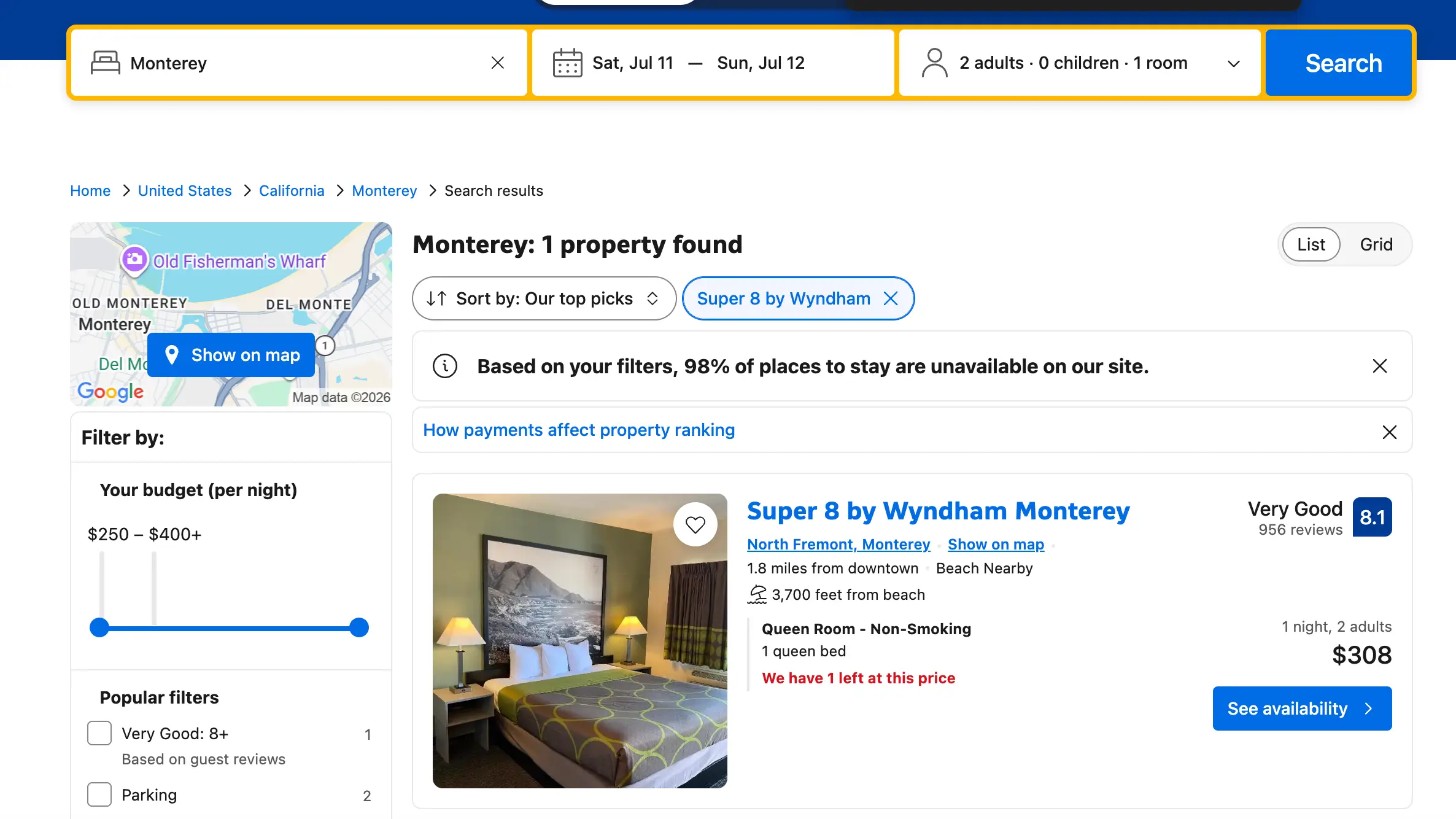 Hotel search results for Monterey show one listing, Super 8 by Wyndham Monterey, with filters and a map.