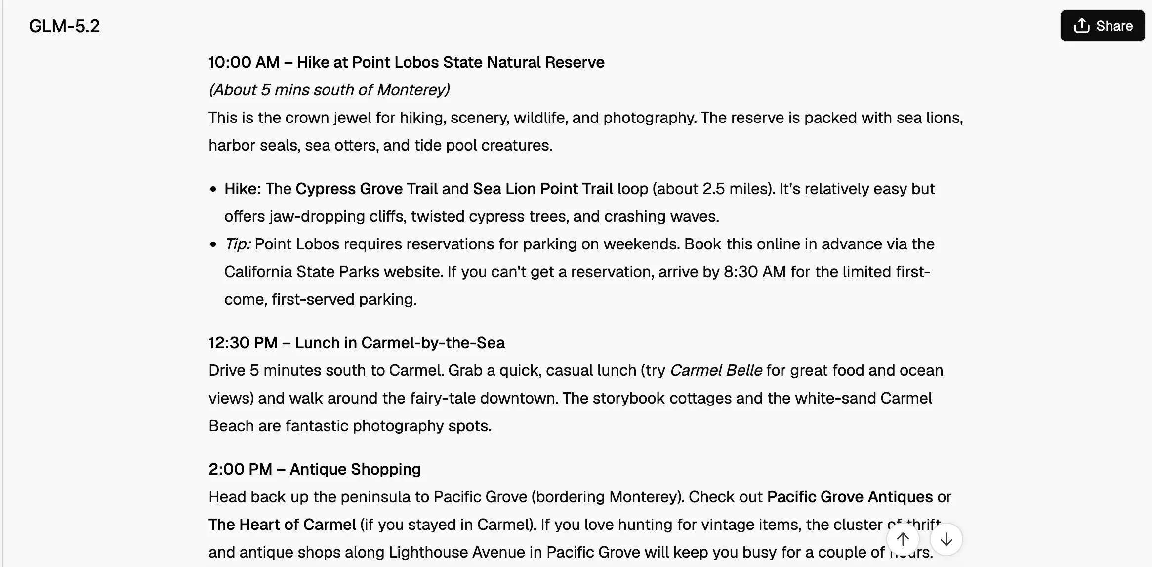 Screenshot of a travel itinerary listing hikes, lunch, and antique shopping around Monterey, Carmel, and Pacific Grove.