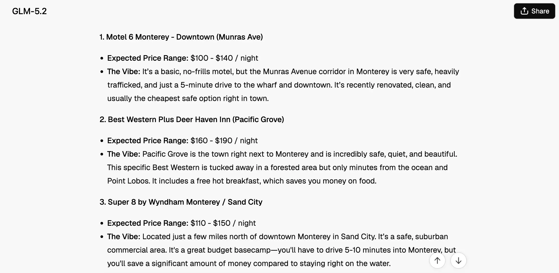 Screenshot shows a GLM-5.2 travel lodging list with Monterey-area motel recommendations, prices, and notes.
