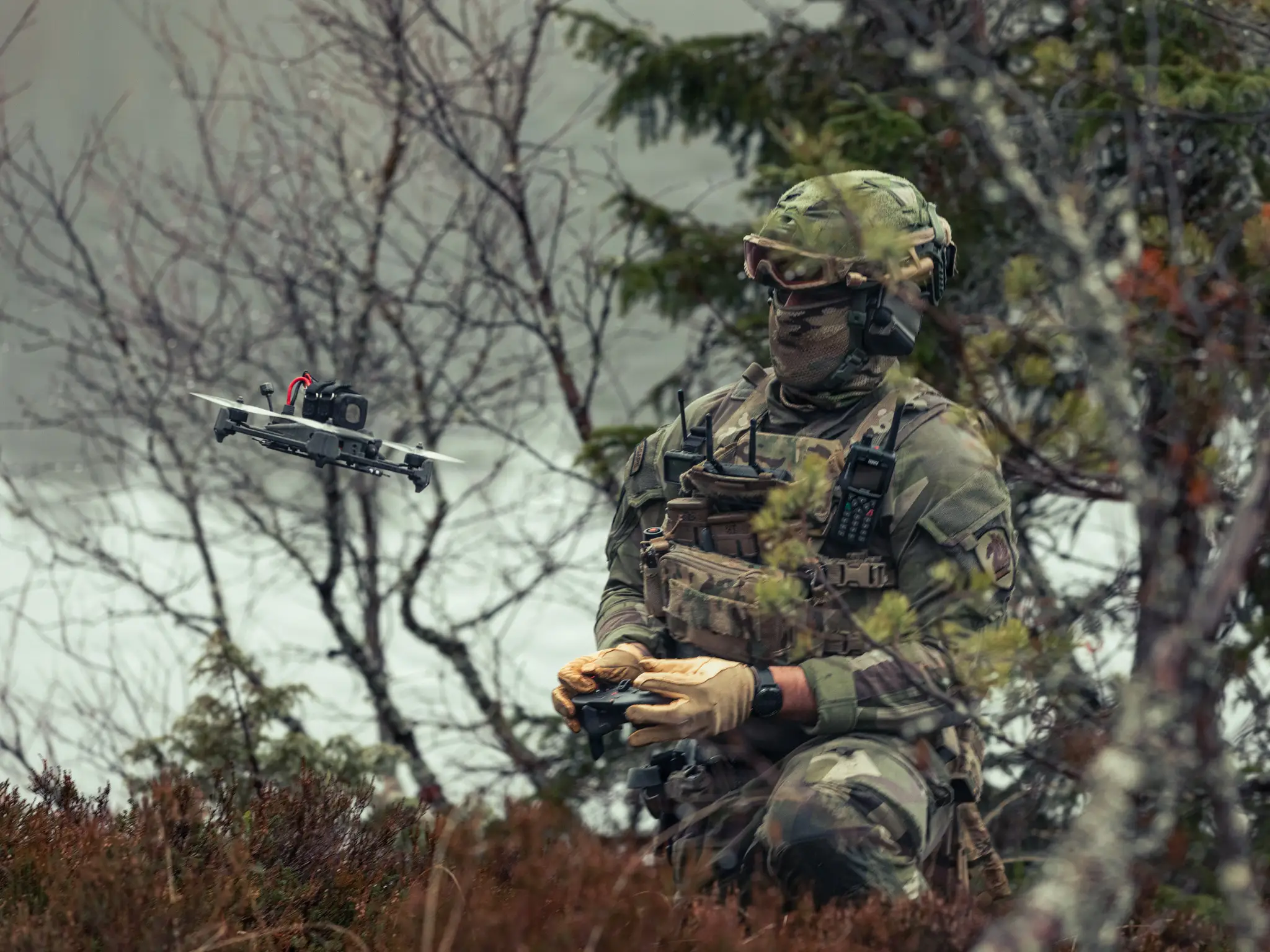A Swedish K3 Ranger operates a first-person view drone during Adamant Serpent 26 in Alvdalen, Sweden, October 24, 2025.