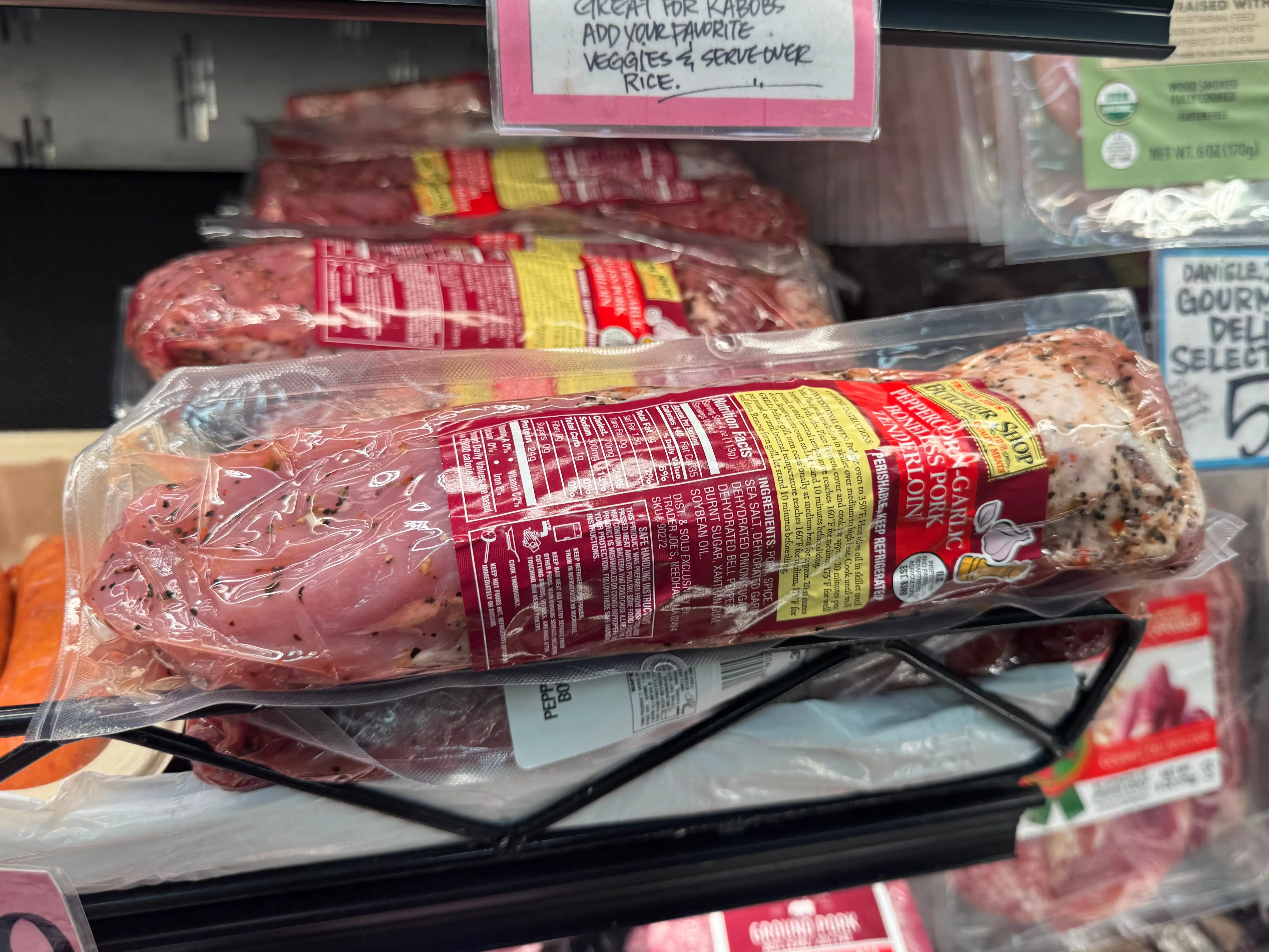 A package of Trader Joe's peppercorn garlic boneless pork tenderloin.