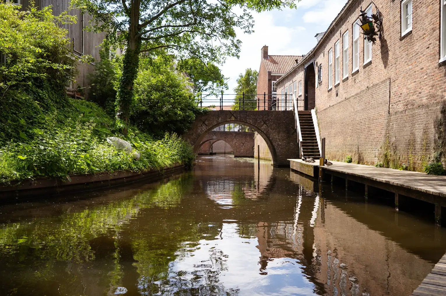 A canal, a small bridge, and tons of green bushes and trees in Den Bosch, the Netherlands.