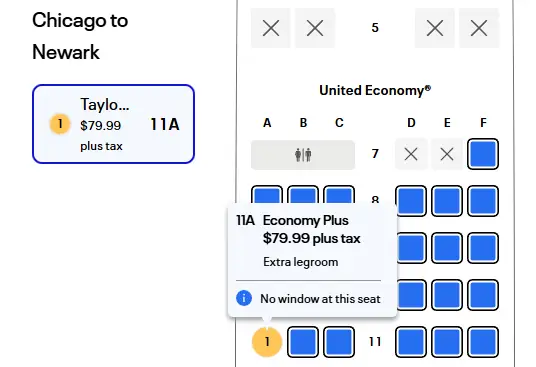 A screenshot of United disclosing the windowless seat at booking.