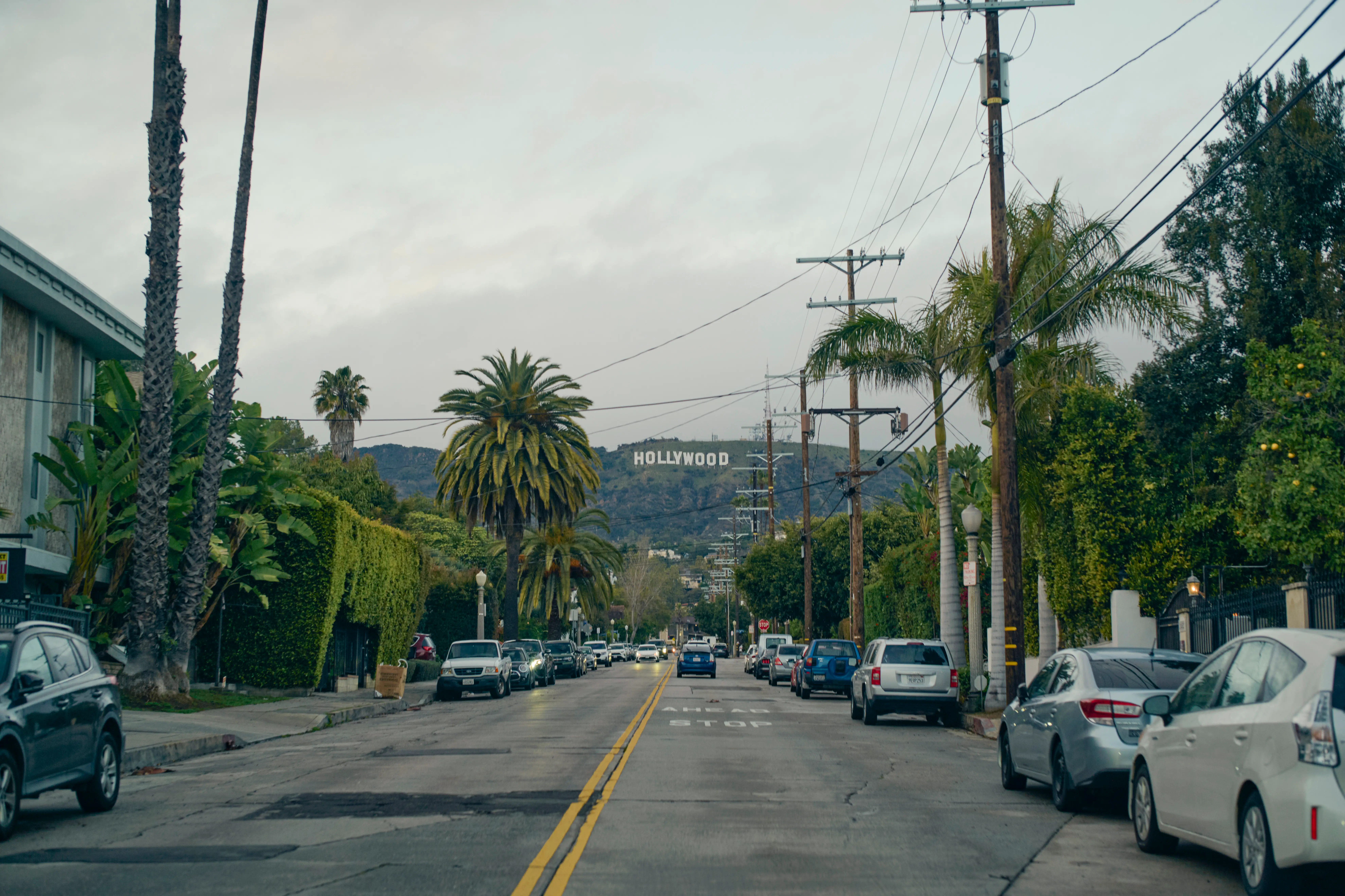 A street in Los Angeles with cars, palm trees, and the Hollywood sign in the background.