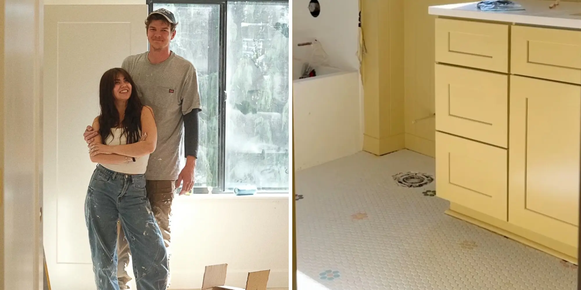A composite of a couple in a home and a bathroom with a yellow vanity and a floor with floral detailing.