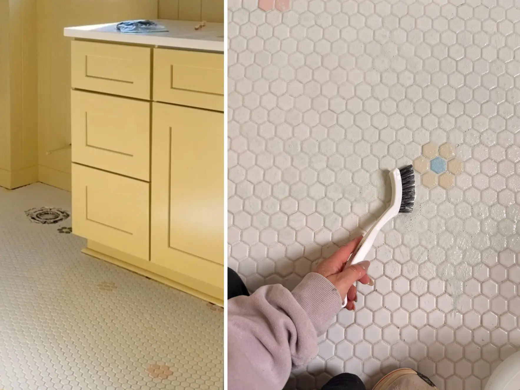A side-by-side of a bathroom with a yellow vanity and a close-up of a floral pattern on the bathroom's floor.