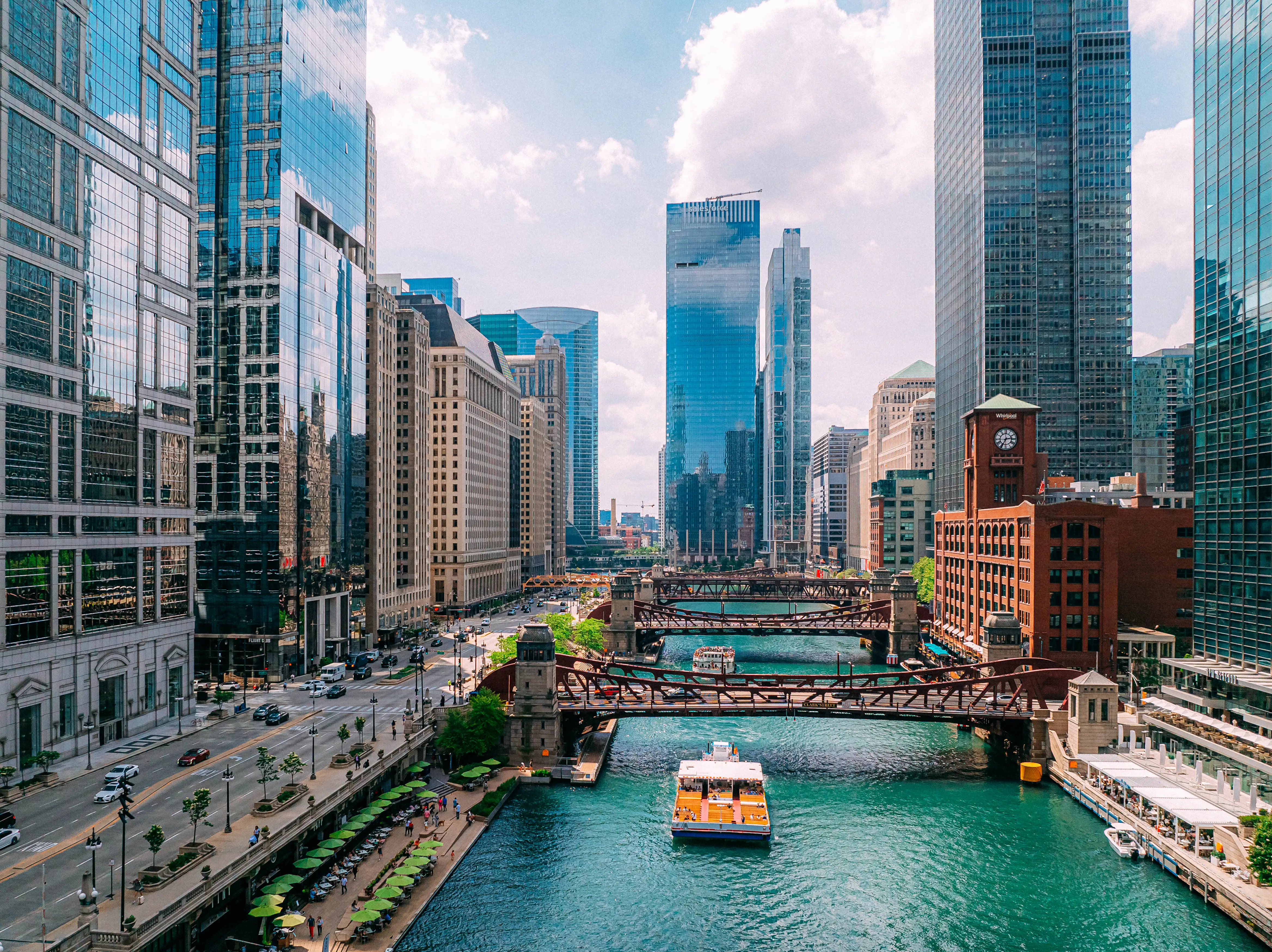 The Chicago Riverwalk under the Clark Street Bridge.
