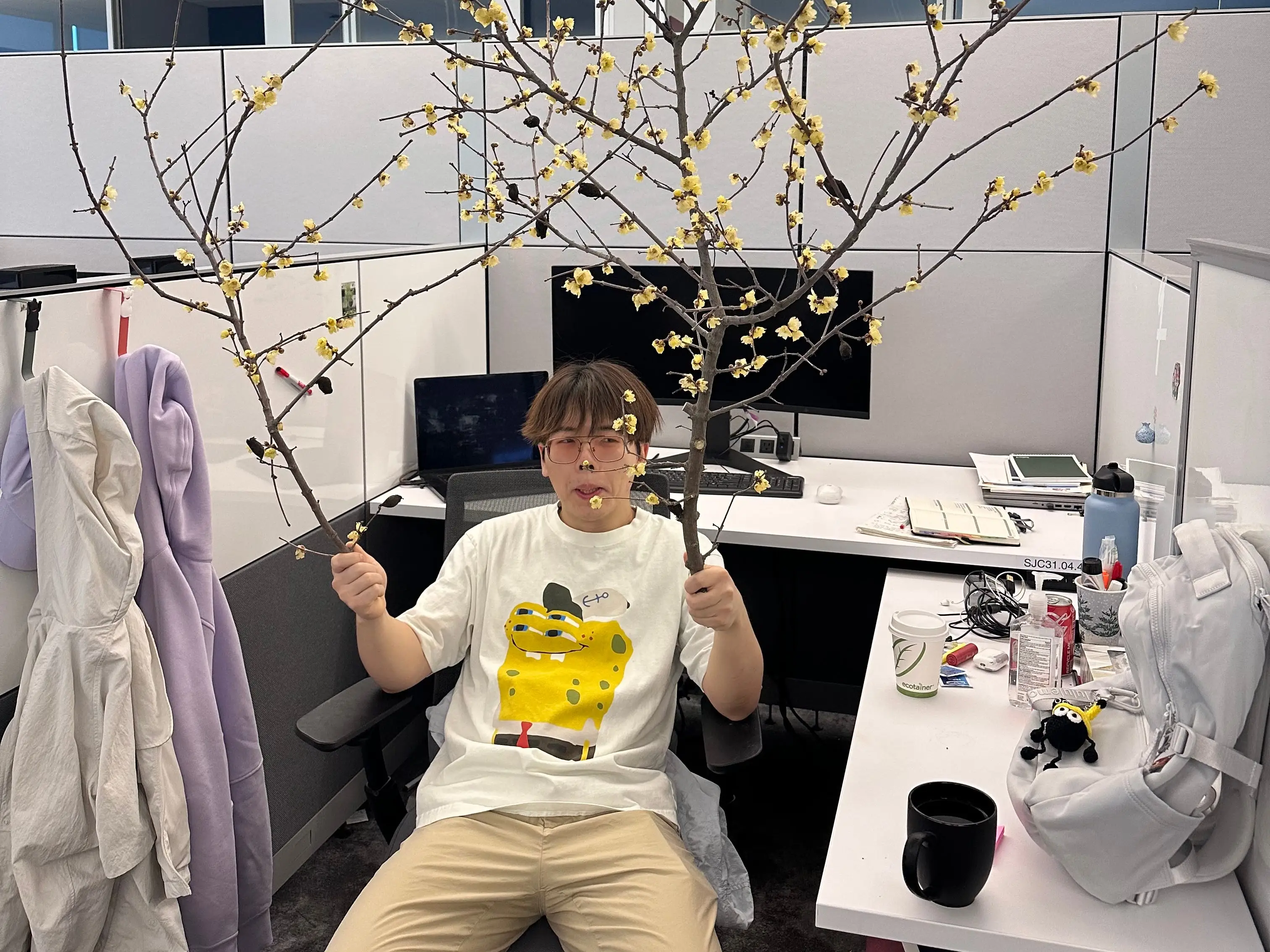 A man holding branches sitting on a chair in an office.