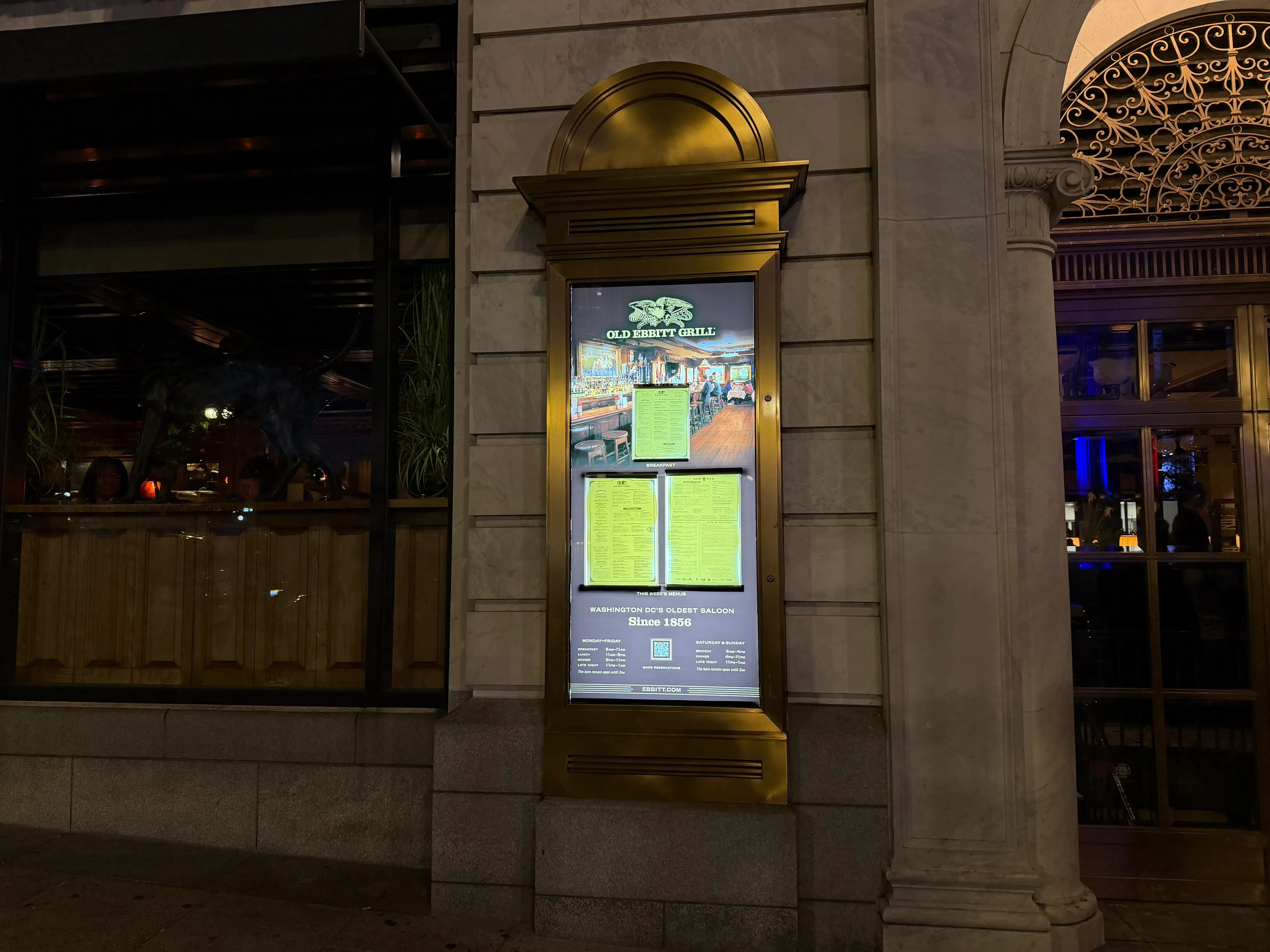 Outside menu for Old Ebbitt Grill in Washington, DC