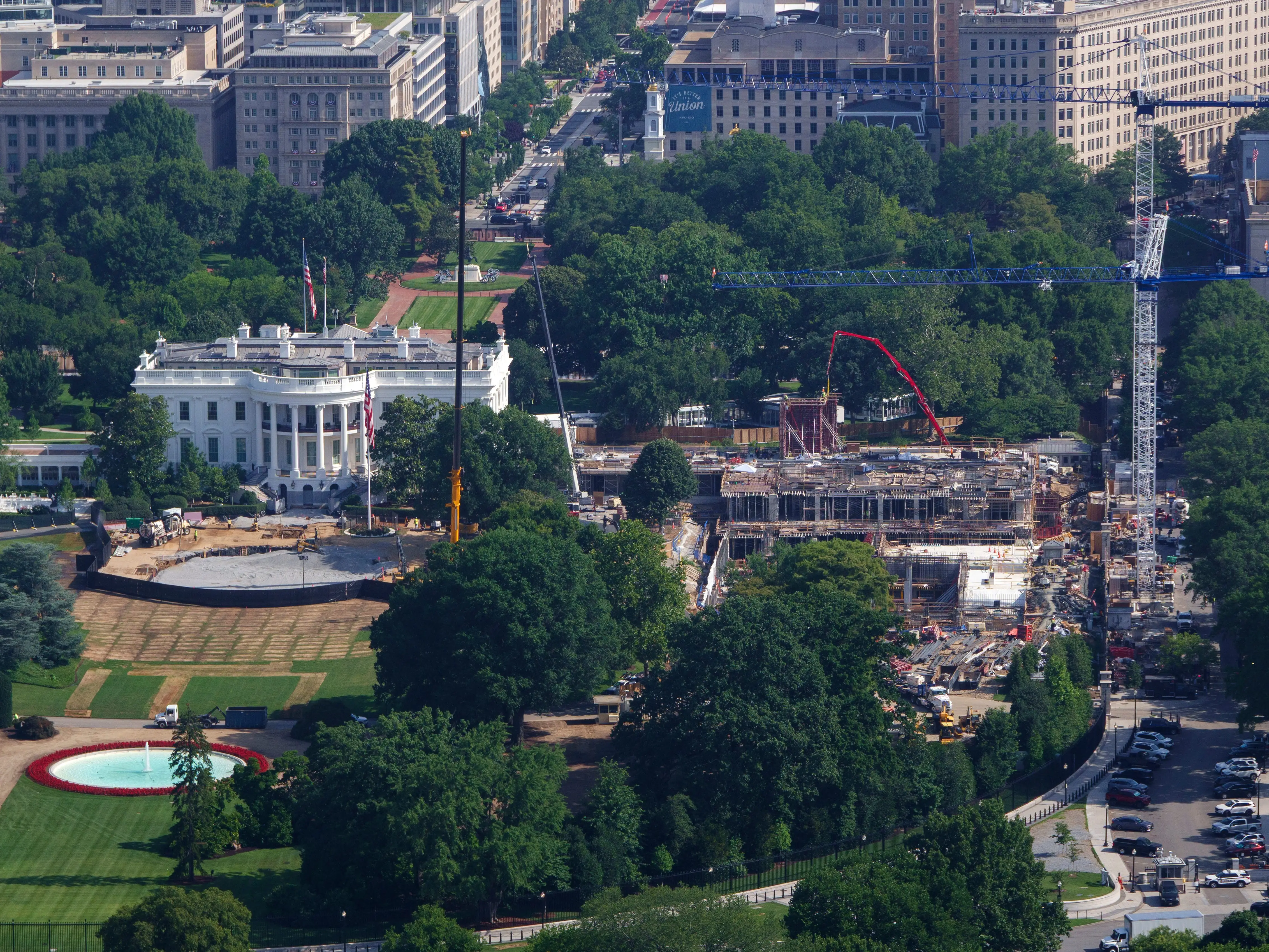 A view of the White House South Lawn under construction.