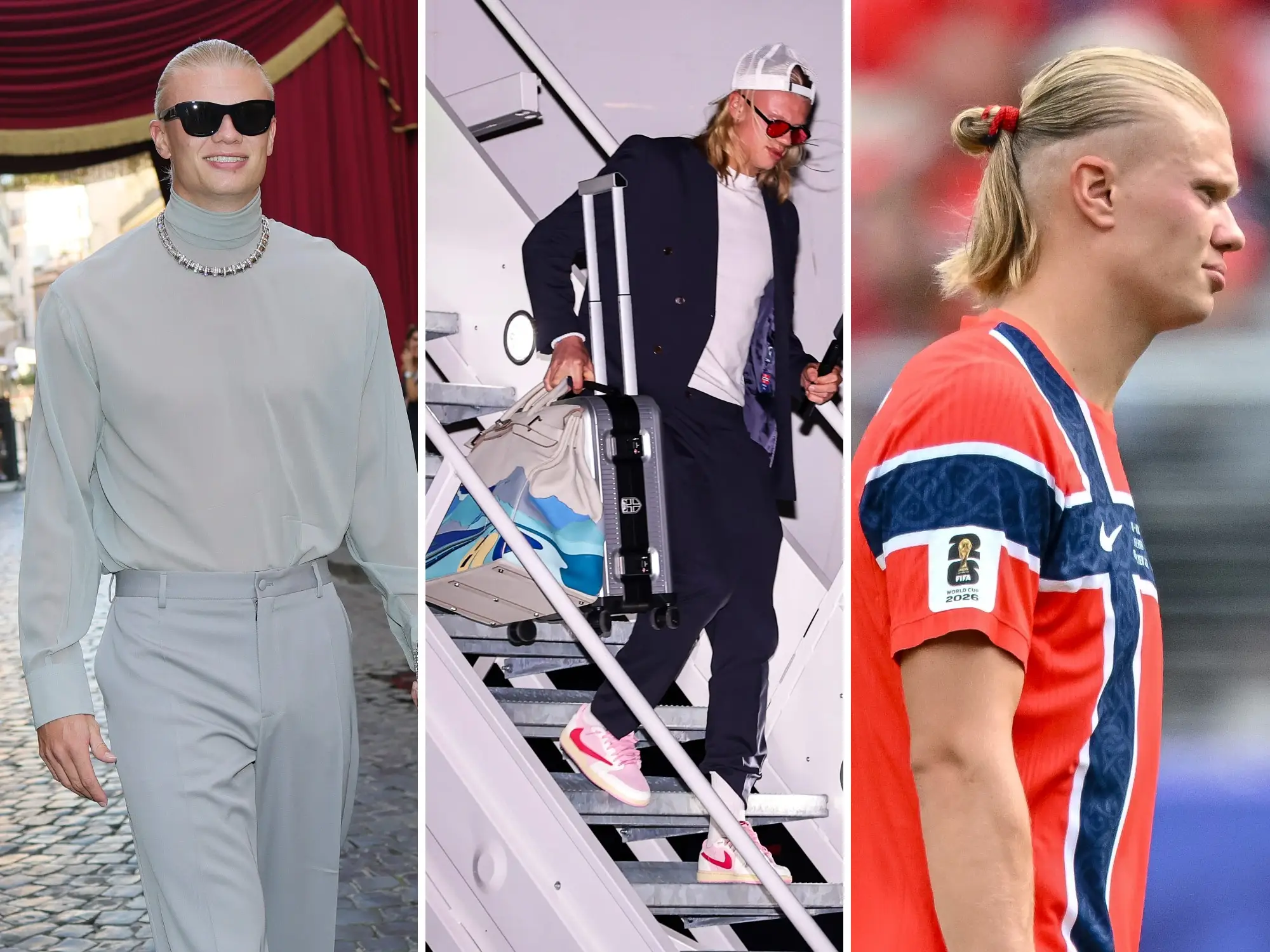 Three photos: Erling Haaland walking outside Sartoria fashion show, Haaland getting off a plane carrying a rare Hermes bag, and Haaland during Norway vs Brazil with his hair tied back.