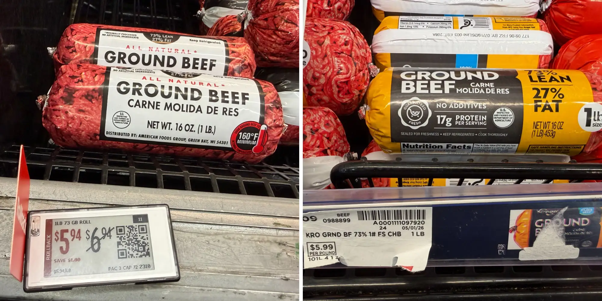 Side by side of ground beef at Walmart for $4.94 a pound and ground beef at Kroger for $5.99 a pound