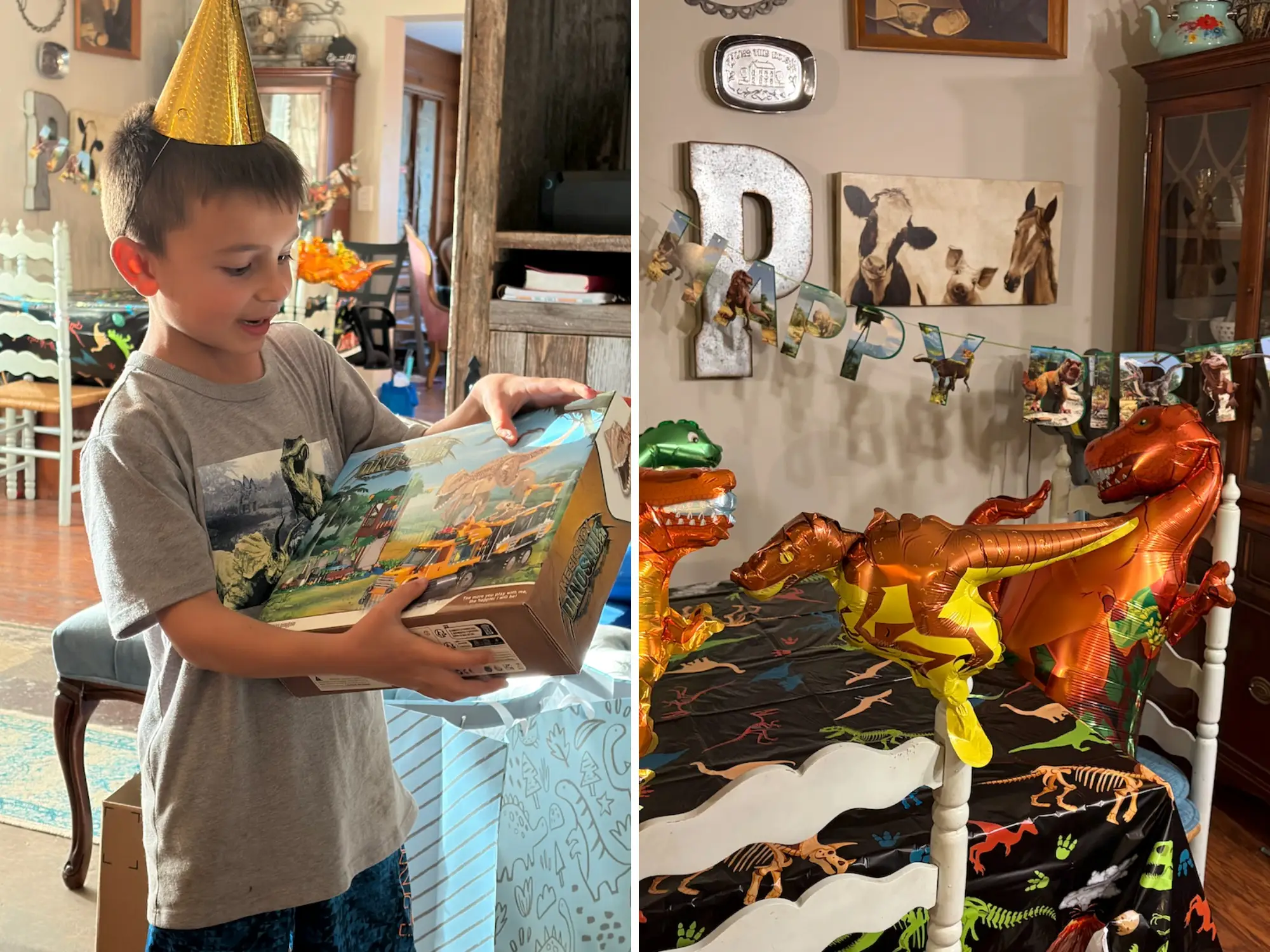 composite image of the author's son wearing a birthday hat on the left and holding a dinosaur toy, and on the right, a table decorated with dinosaur balloons and a happy birthday banner.