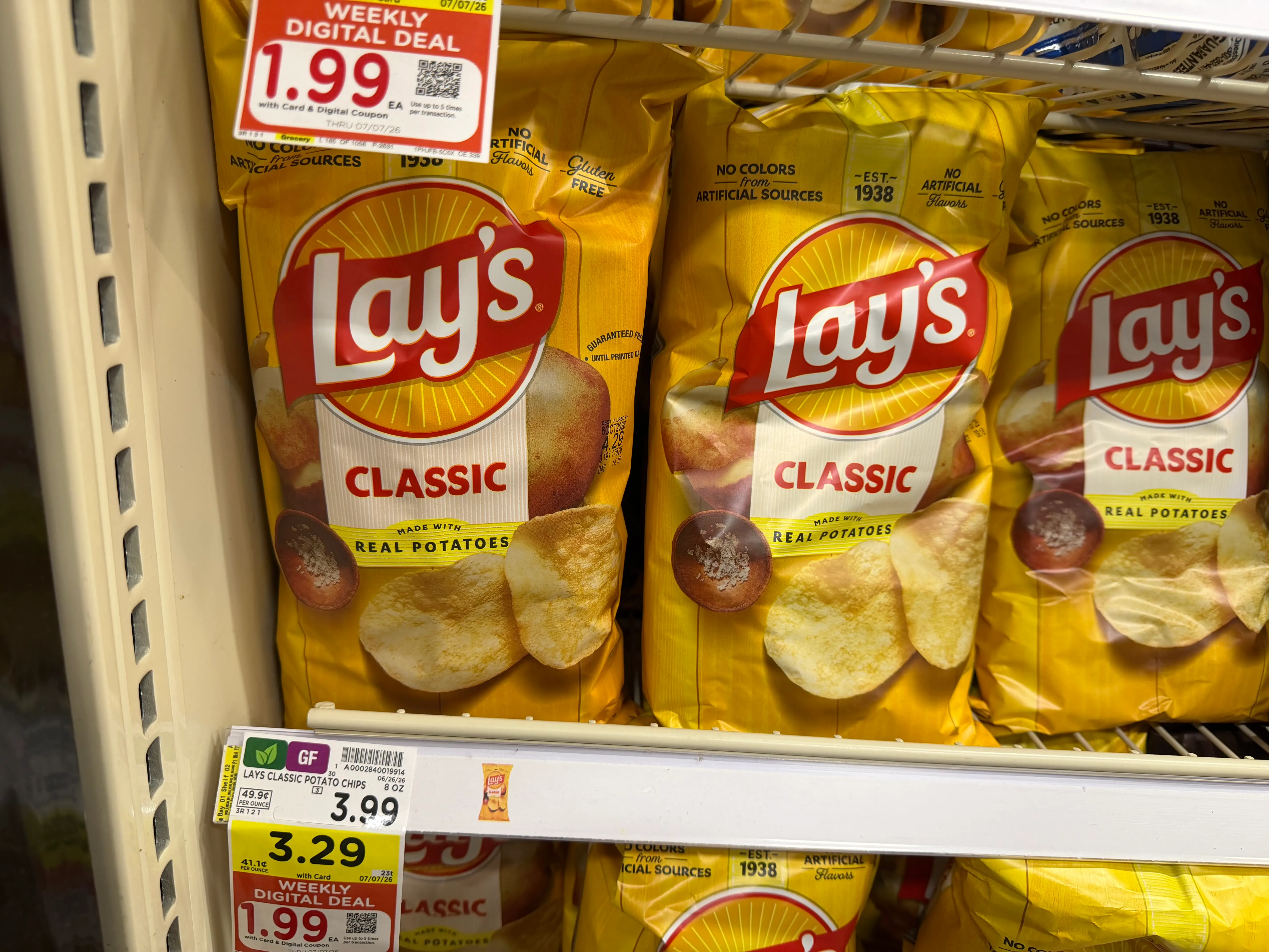 Lay's classic potato chips at Kroger  for $3.99  on sale for $3.29 with weekly digitaldeal for $1.99