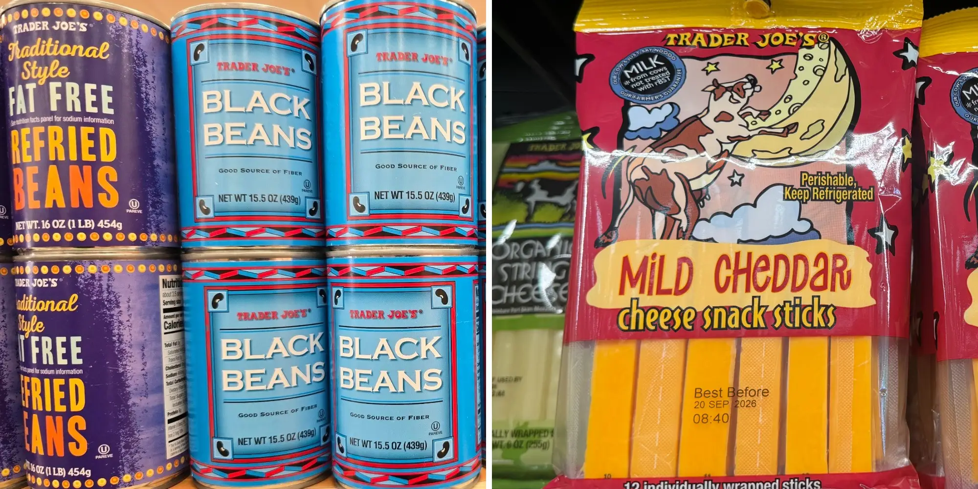 A composite image of cans of beans on a shelf at Trader Joe's, and a bag of Trader Joe's mild cheddar cheese sticks.