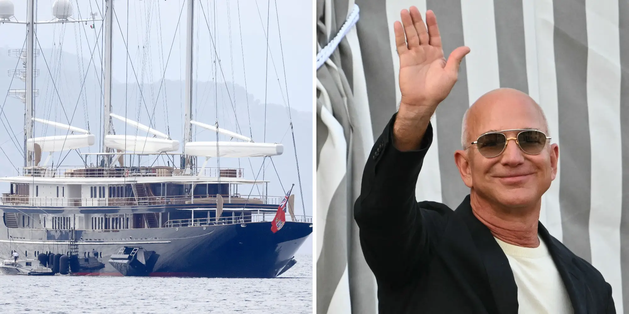 Luxury sailing yacht beside a split-panel portrait of Jeff Bezos waving while wearing sunglasses.