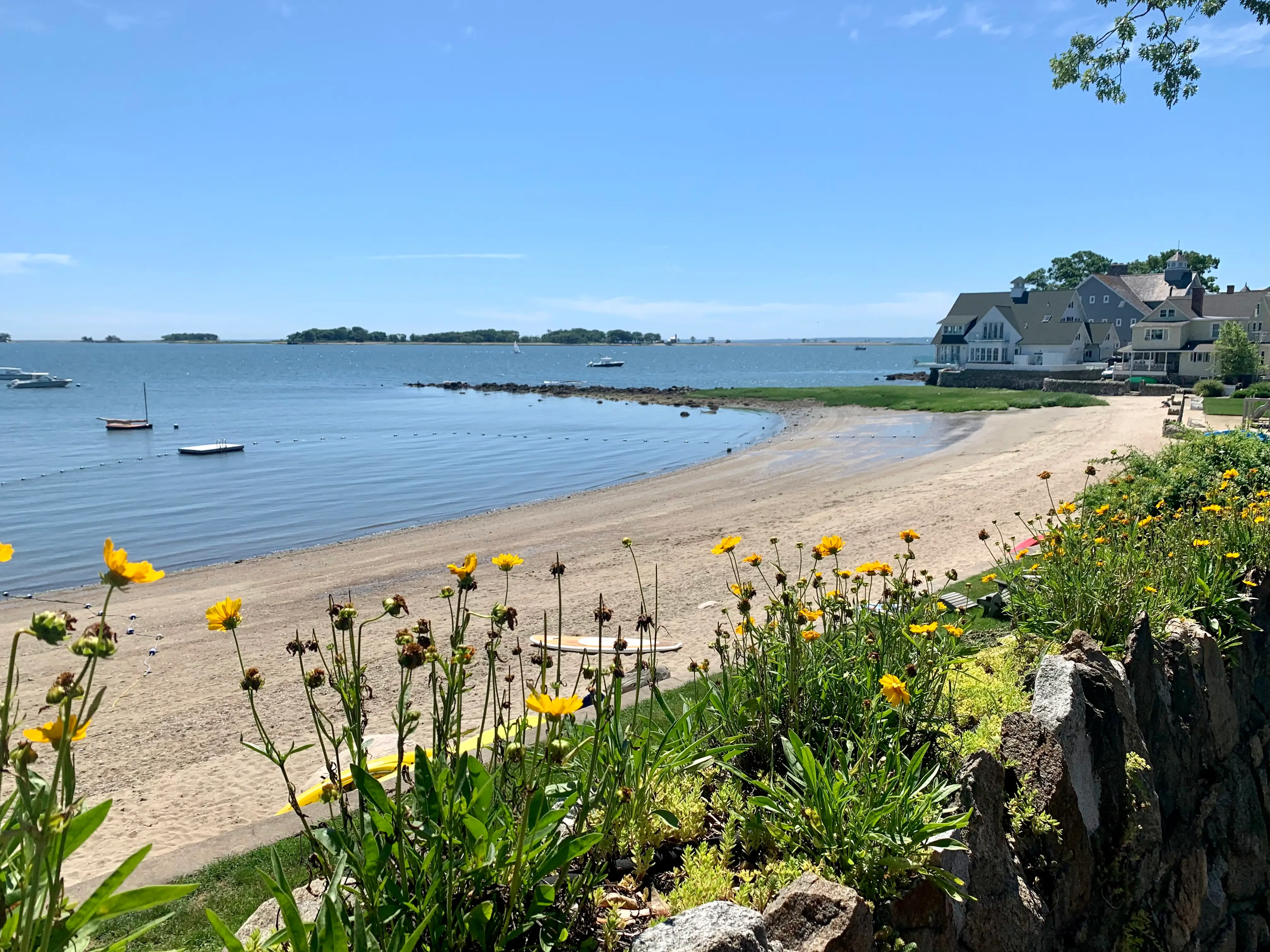 Sandy shoreline curves along a calm bay with small boats, coastal houses, yellow flowers, and distant islands.