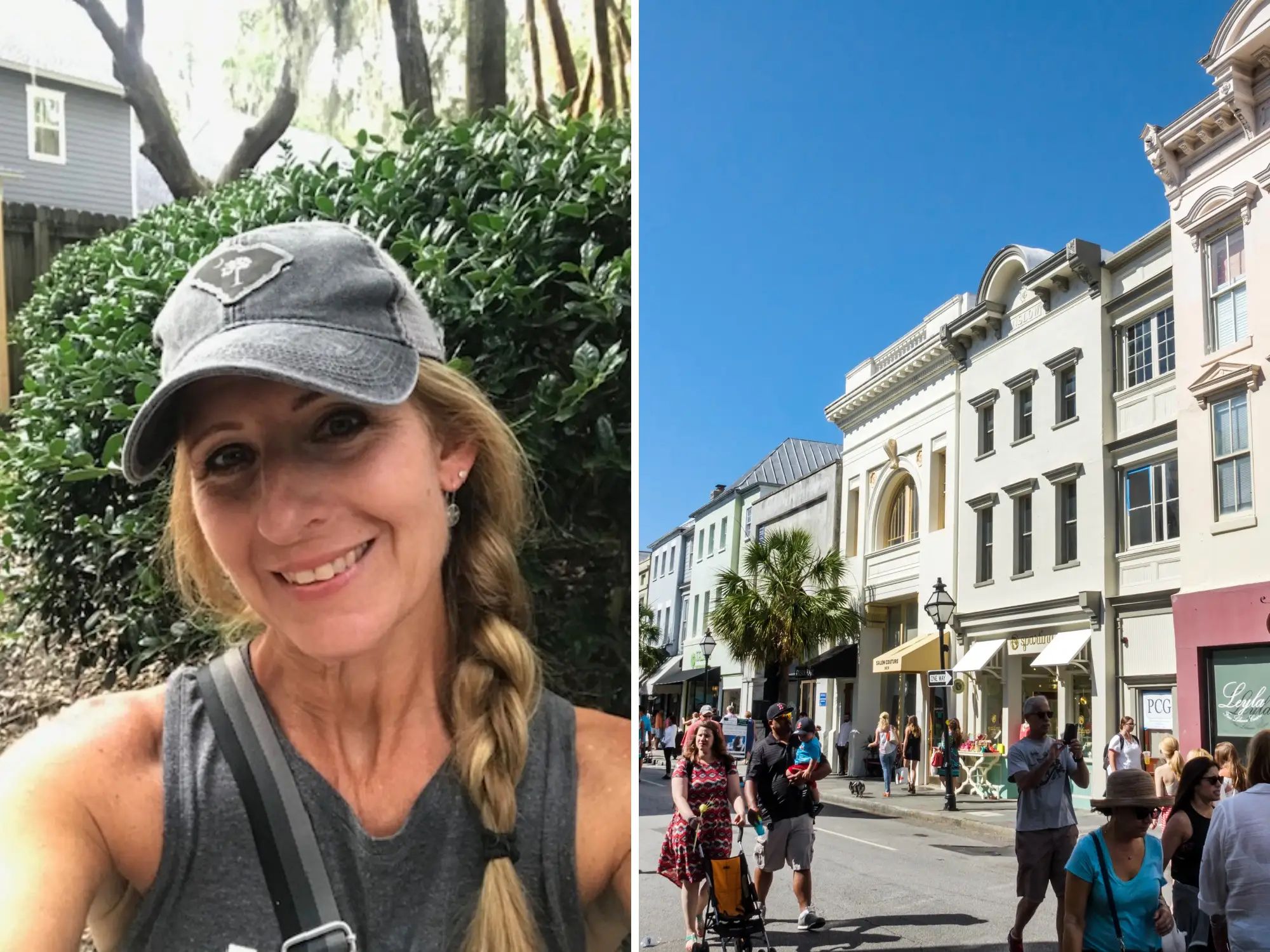 A split view shows a smiling person in a Patriots cap beside a busy shopping street with historic buildings.