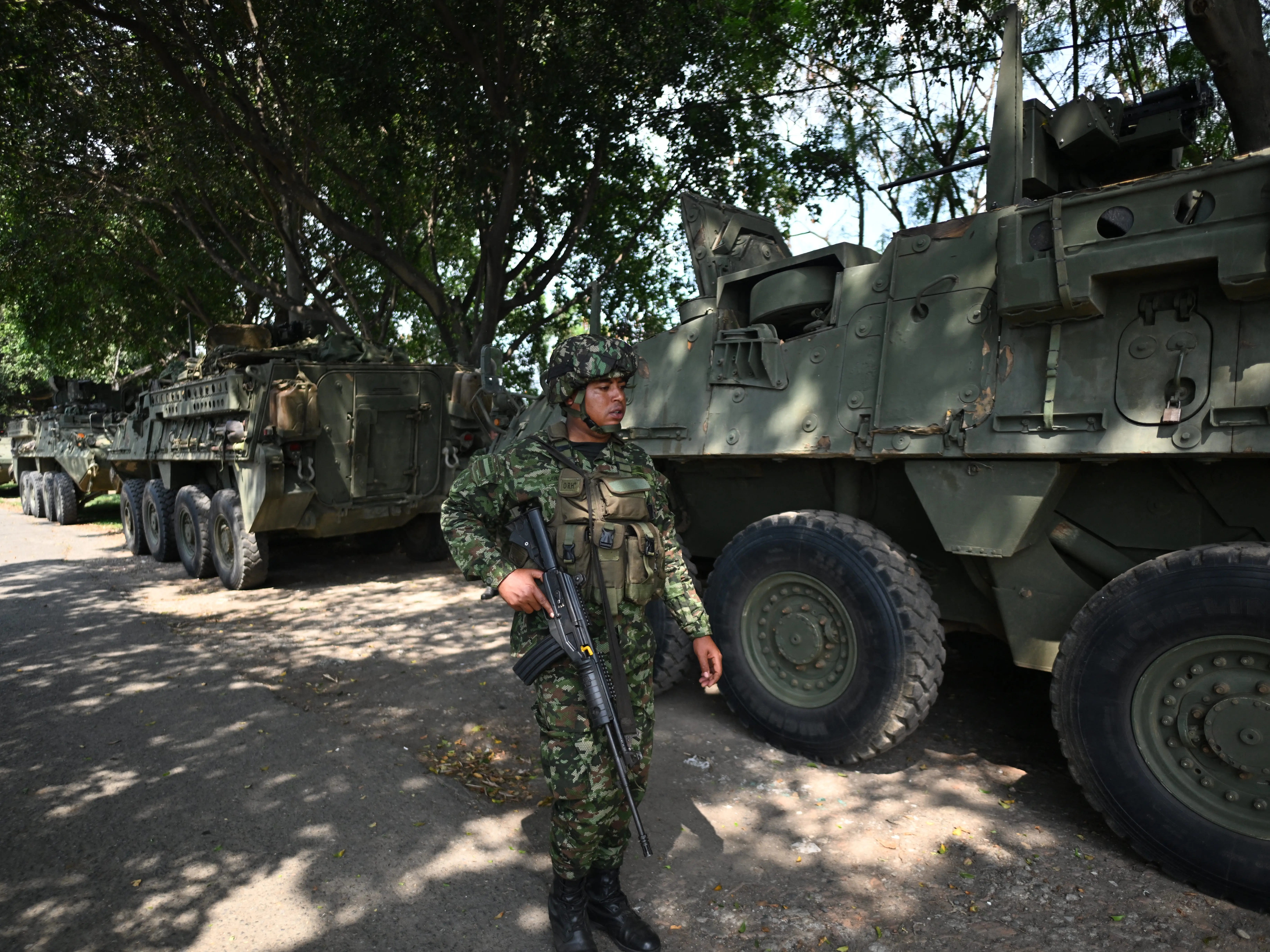 A soldier stands guard as part of the security plan on the eve of the presidential election runoff, in Cali, Colombia on June 20, 2026.