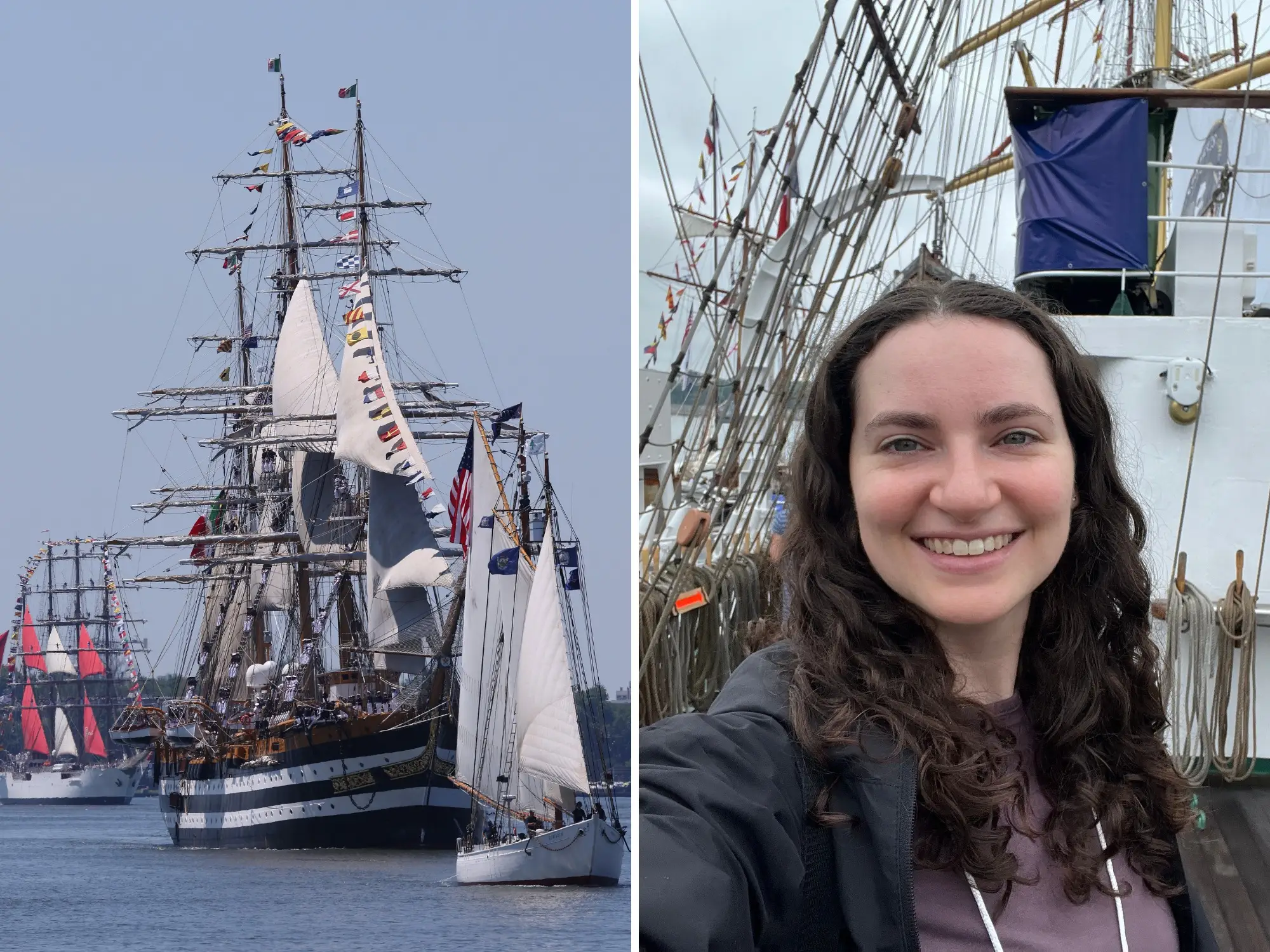 A split image showing tall ships and a selfie of Talia Lakritz on a ship.