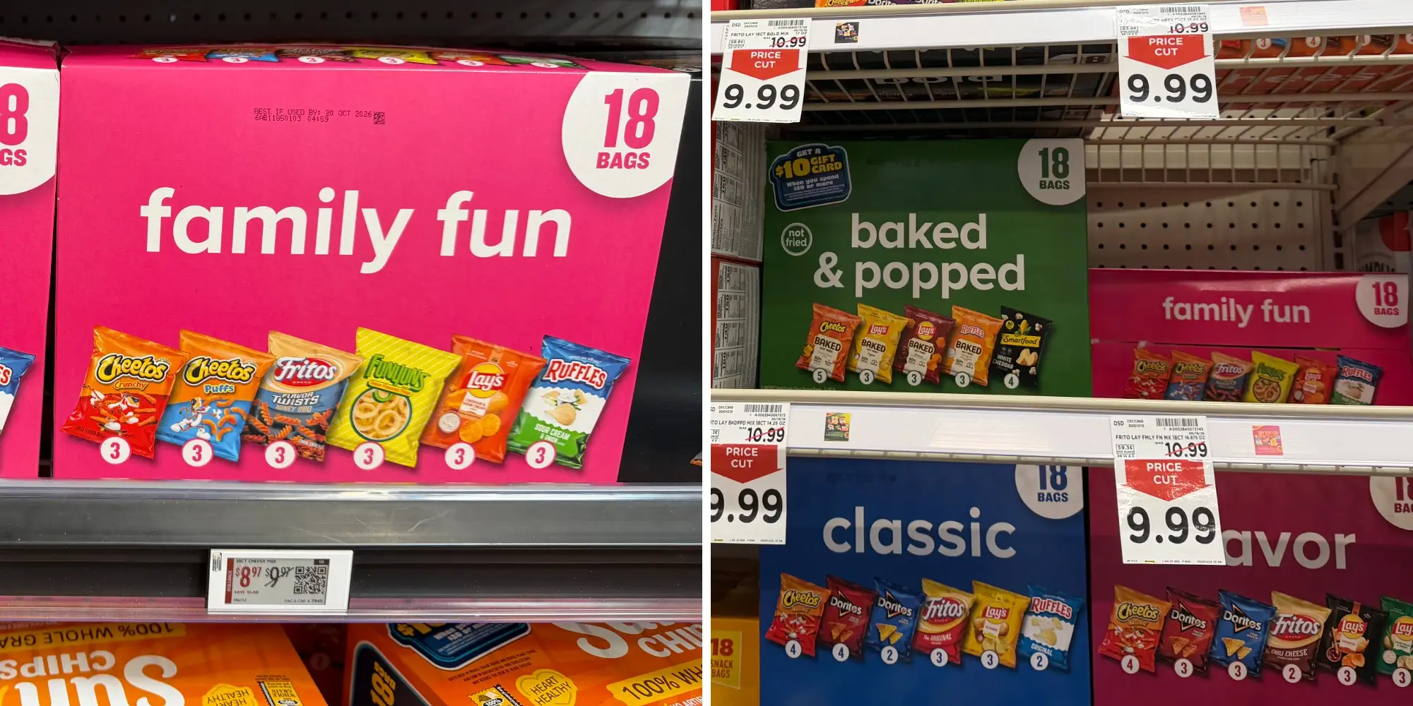 Side by side of Family Fun pack at Walmart next to same pack on display at Kroger