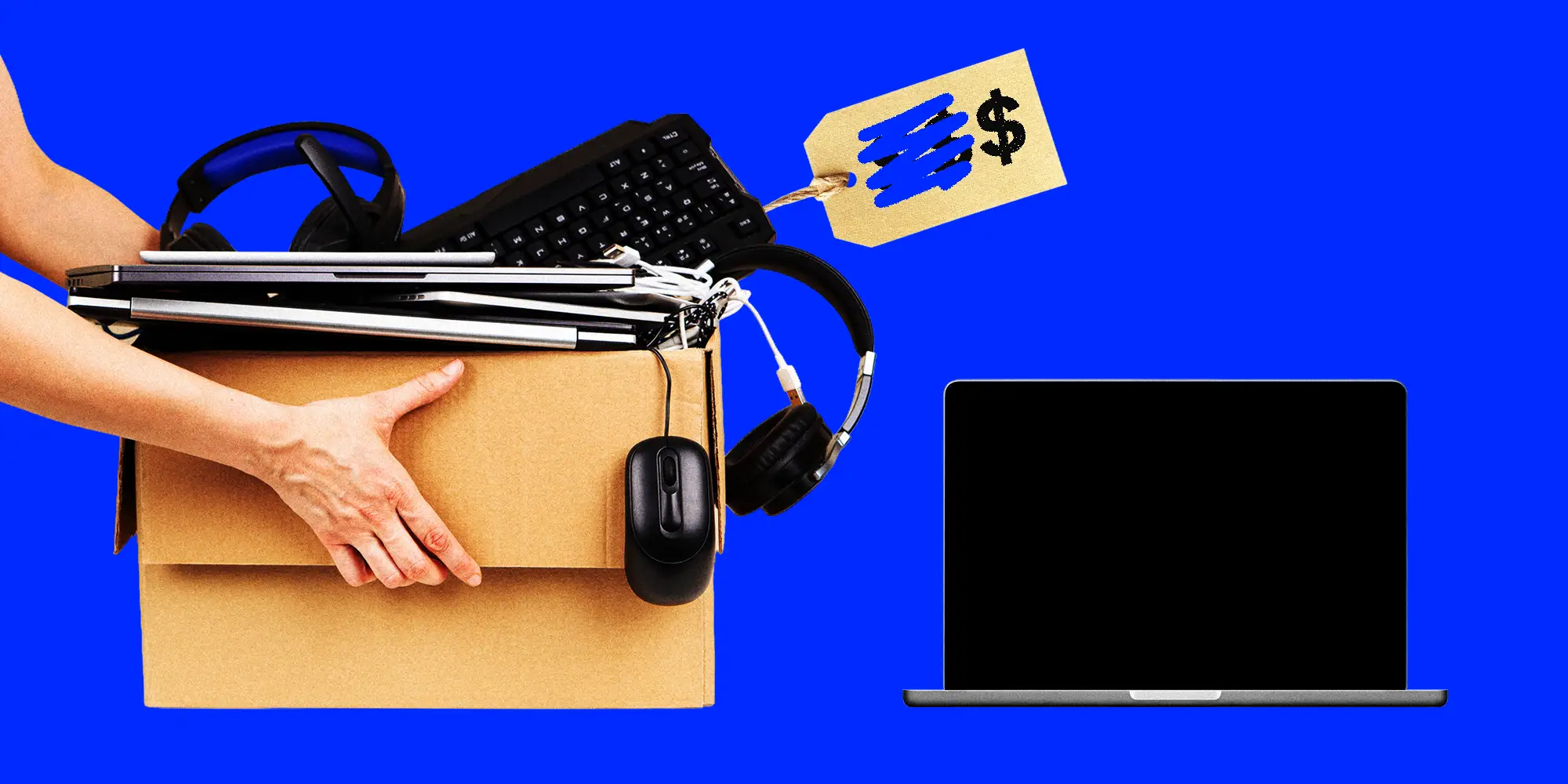 A person grabbing a box of older and cheaper tech instead of a new laptop