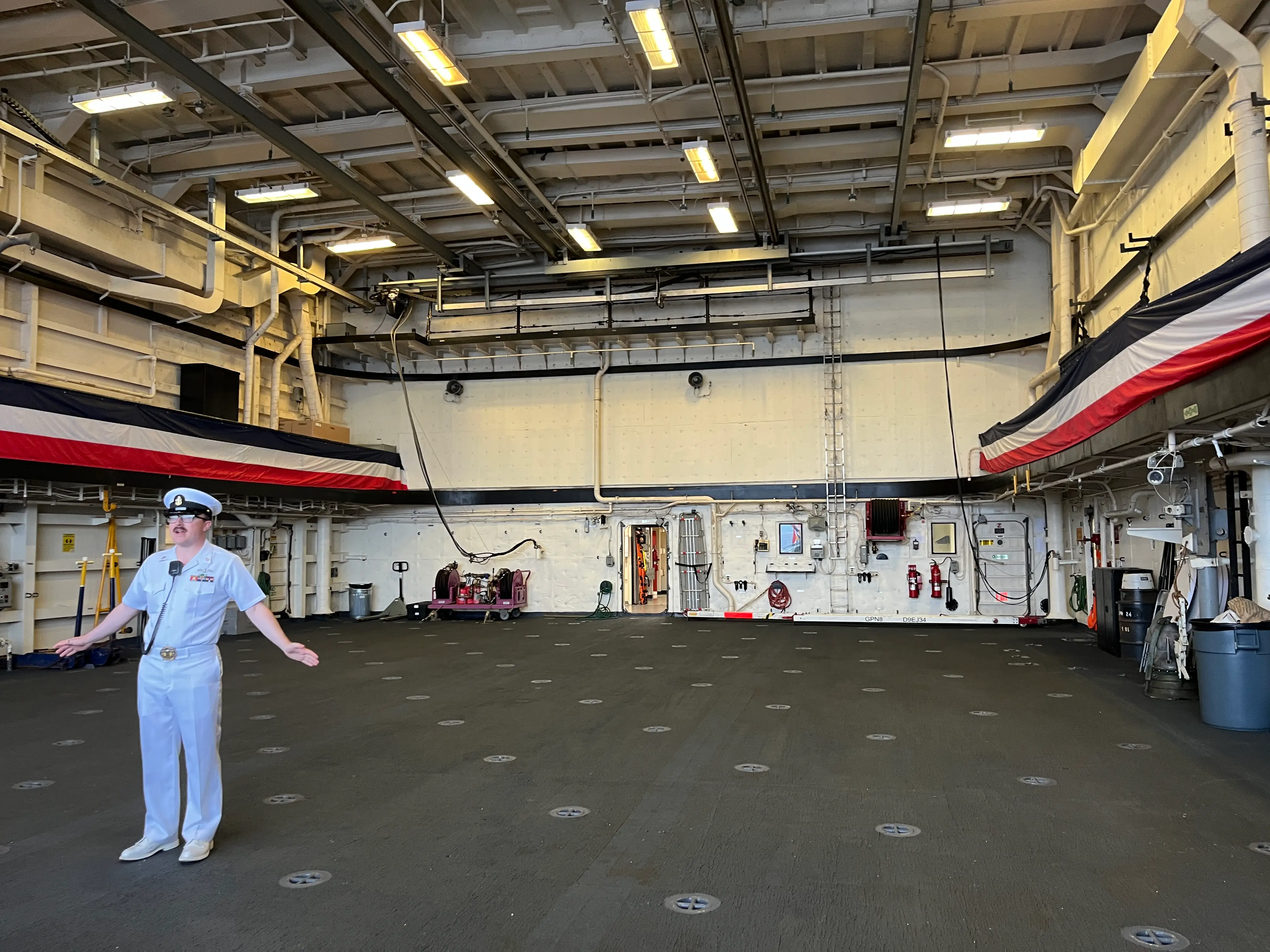 Inside the hangar bay on the USS Arlington.