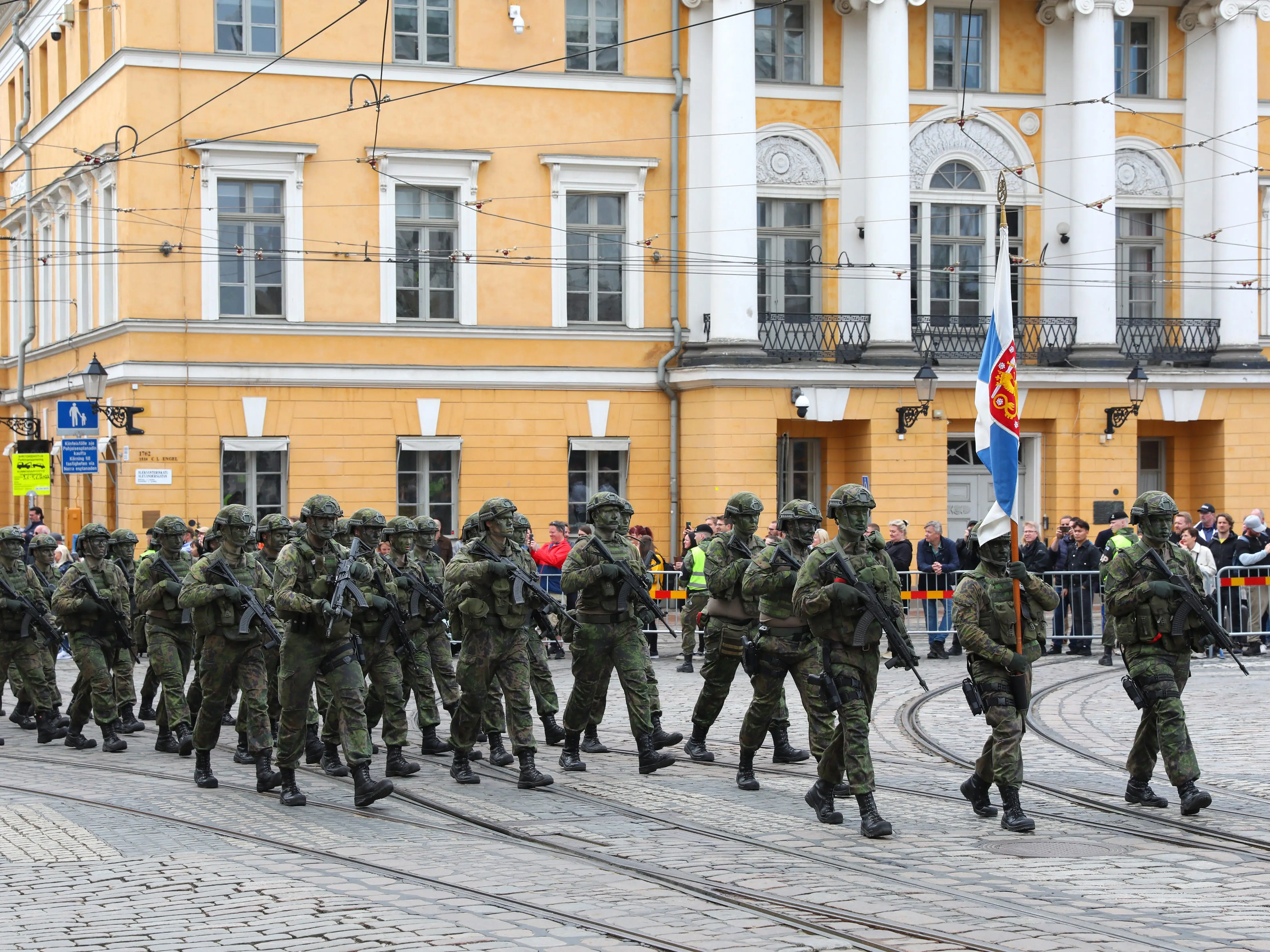 Representatives of the Finnish armed forces march through Senate square during a military parade. On June 4th, during the celebration of the national holiday, Flag Day of the Finnish Defence Forces, a military parade was held in Helsinki, Finland. (