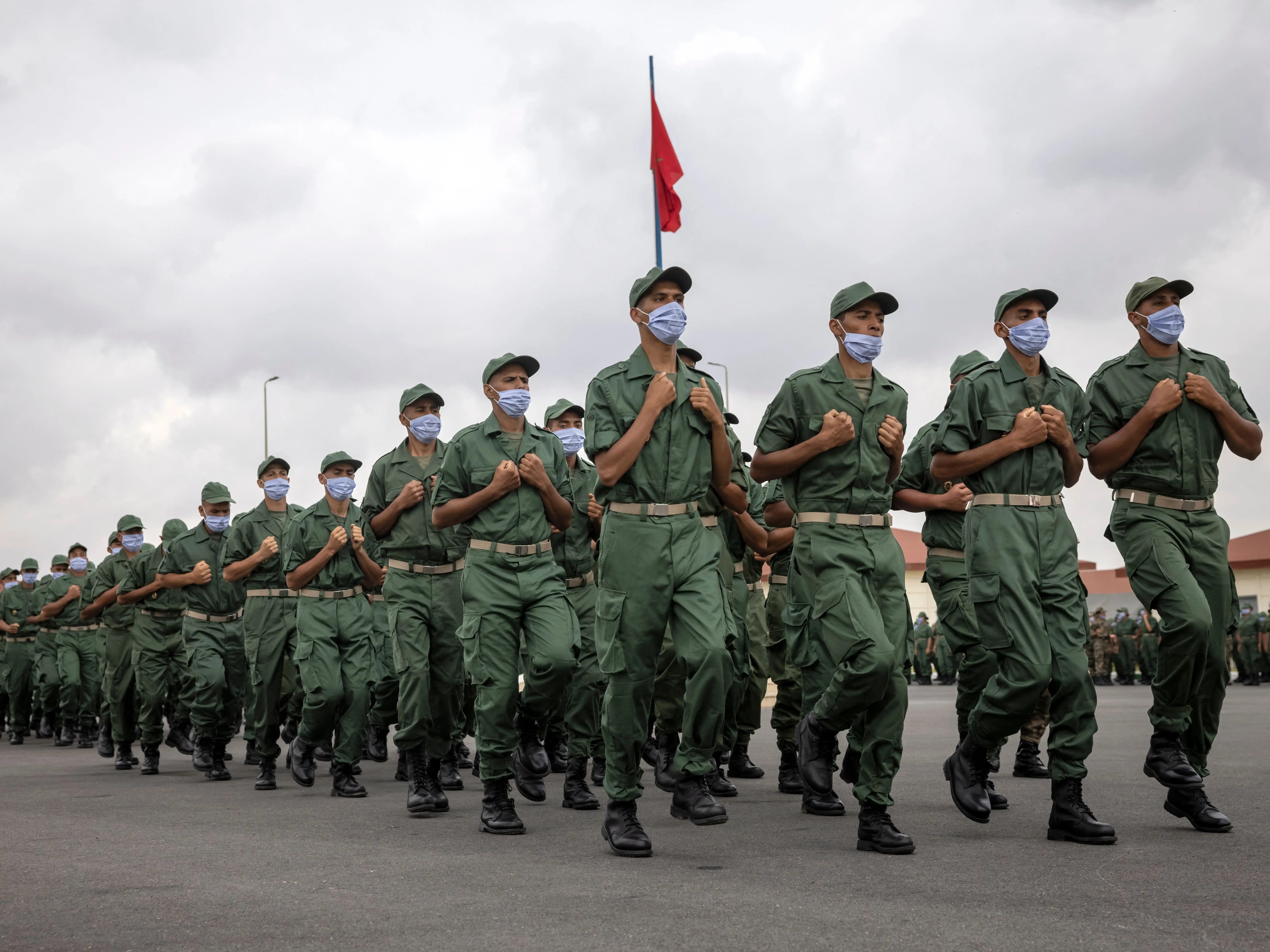Naval conscripts attend military service training at the Moroccan Royal Navy conscript training centre on June 2, 2022 near the city of Ben Slimane.