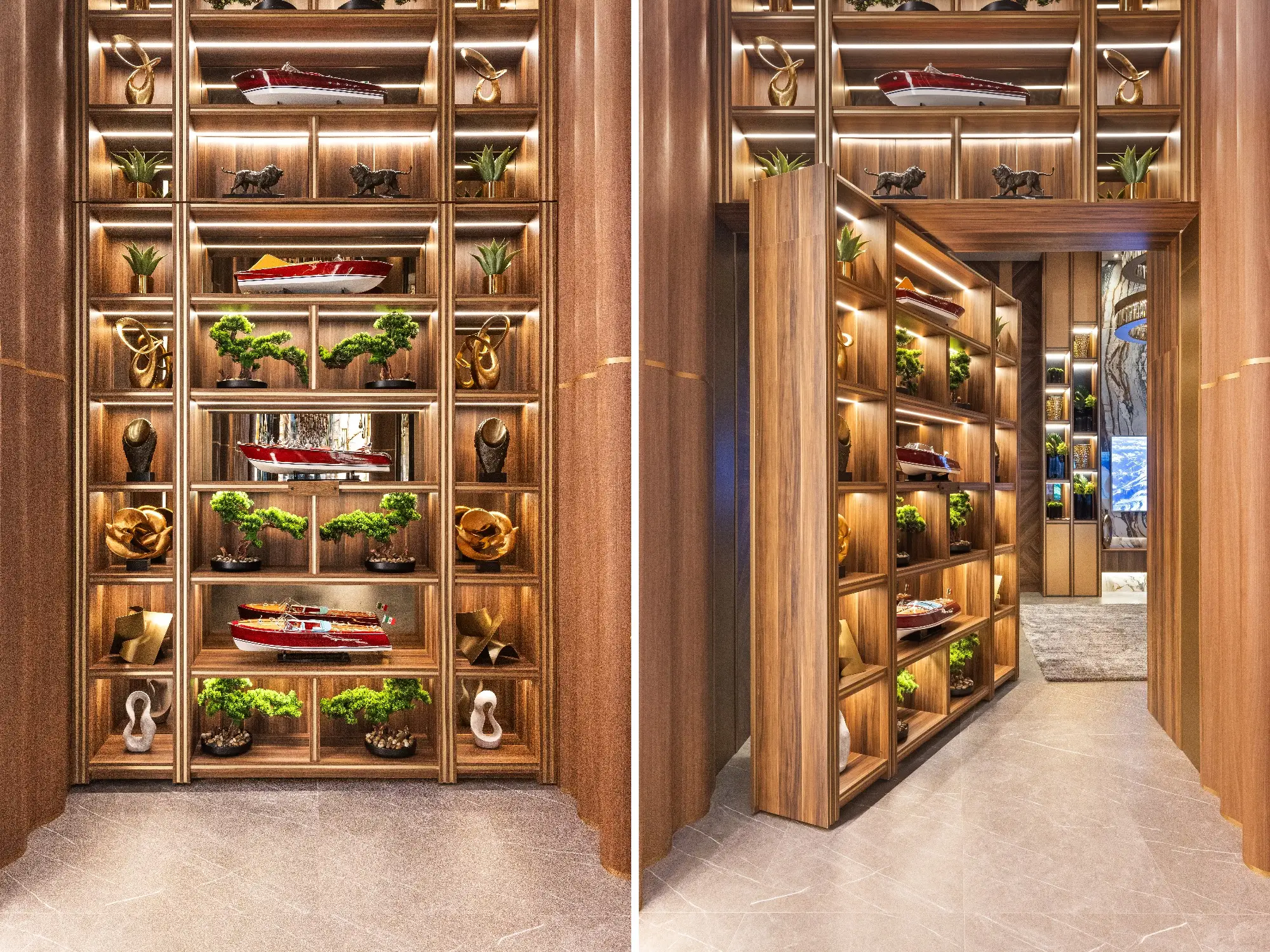 A composite image of a bookshelf that conceals a hidden room.