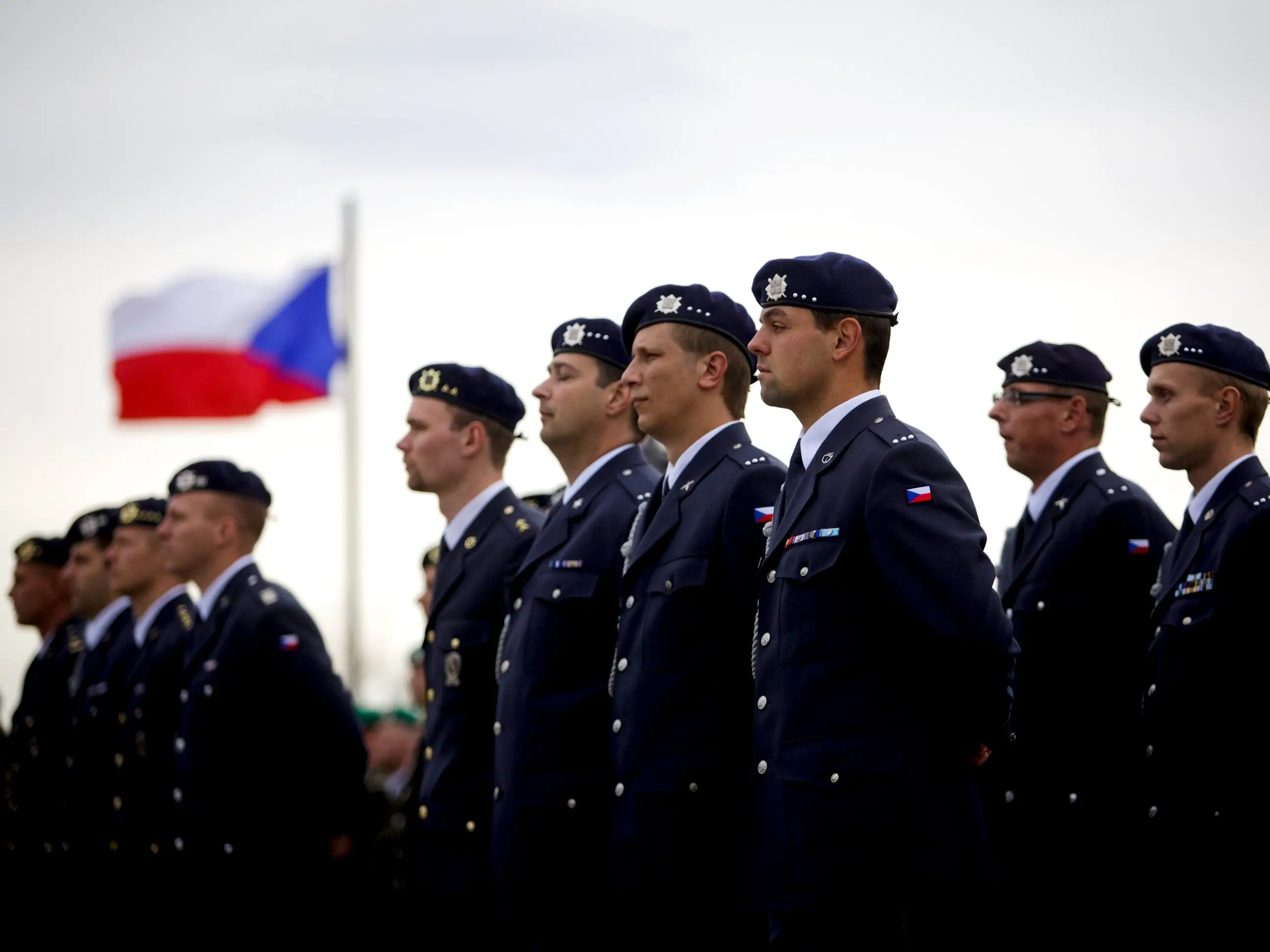 Members of the Czech military stand during an Independence Day ceremony at Vitkov Hill on October 28, 2013 in Prague, Czech Republic.