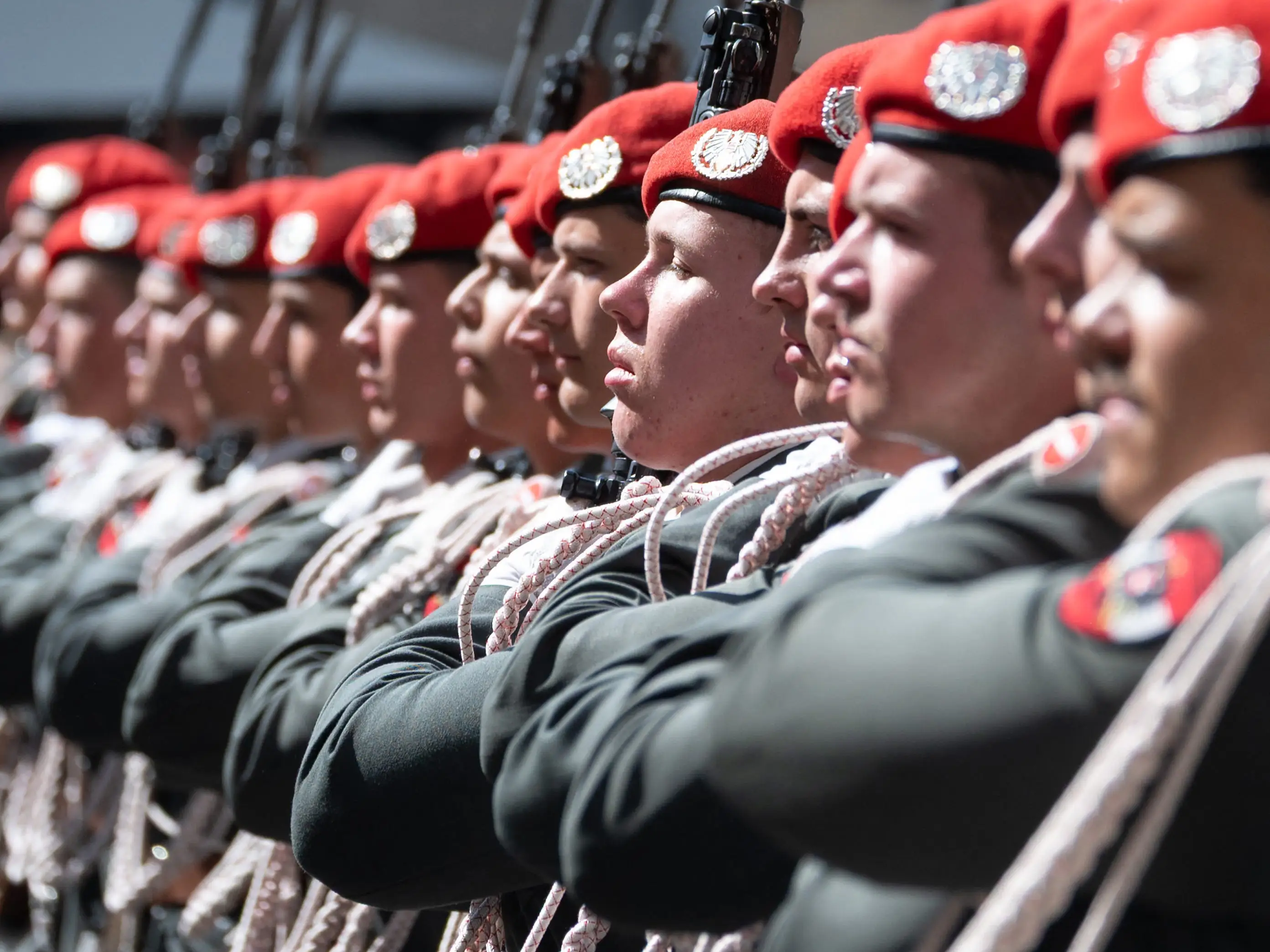 Members of Austrian Honor guard attend the 330th anniversary celebrations of Habsburg traditional military Hoch und Deutschmeister outside of Saint Stephen's cathedral on June 18, 2026 in Vienna, Austria.