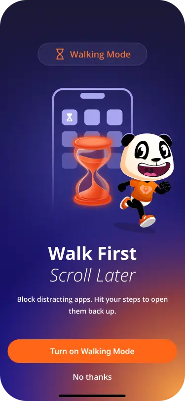 Mobile app screen promotes Walking Mode with a panda mascot, hourglass graphic, and step-based app blocking message.