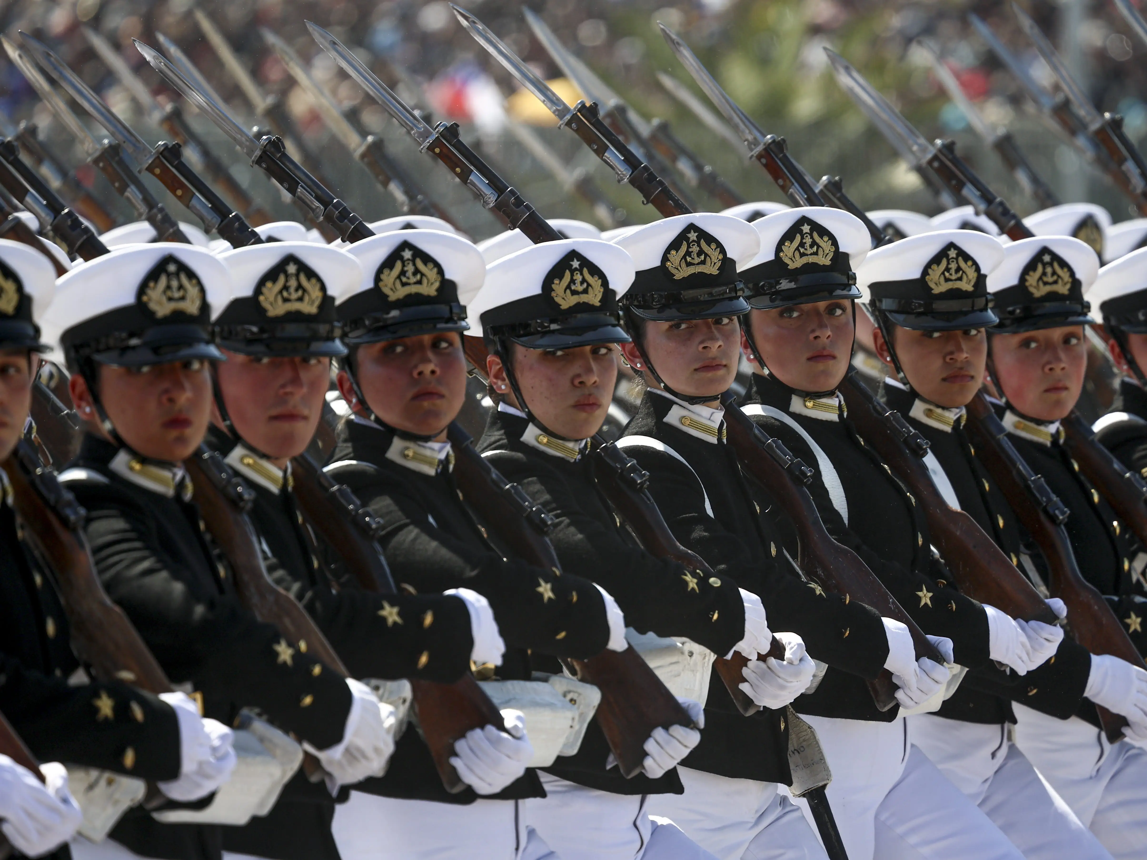 Chilean Navy personnel march during a military parade commemorating Chile's Independence Day and Army Day, in Santiago, Chile, Friday, September 19, 2025.